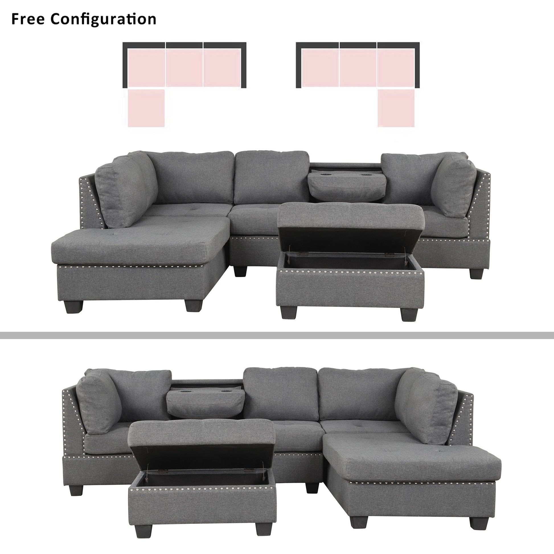 104.5" Reversible Sectional Sofa Space Saving With Storage Ottoman Rivet Ornament L Shape Couch For Small Or Large Space Dorm Apartment,Gray Old Sg000405Aaa Gray Foam Linen