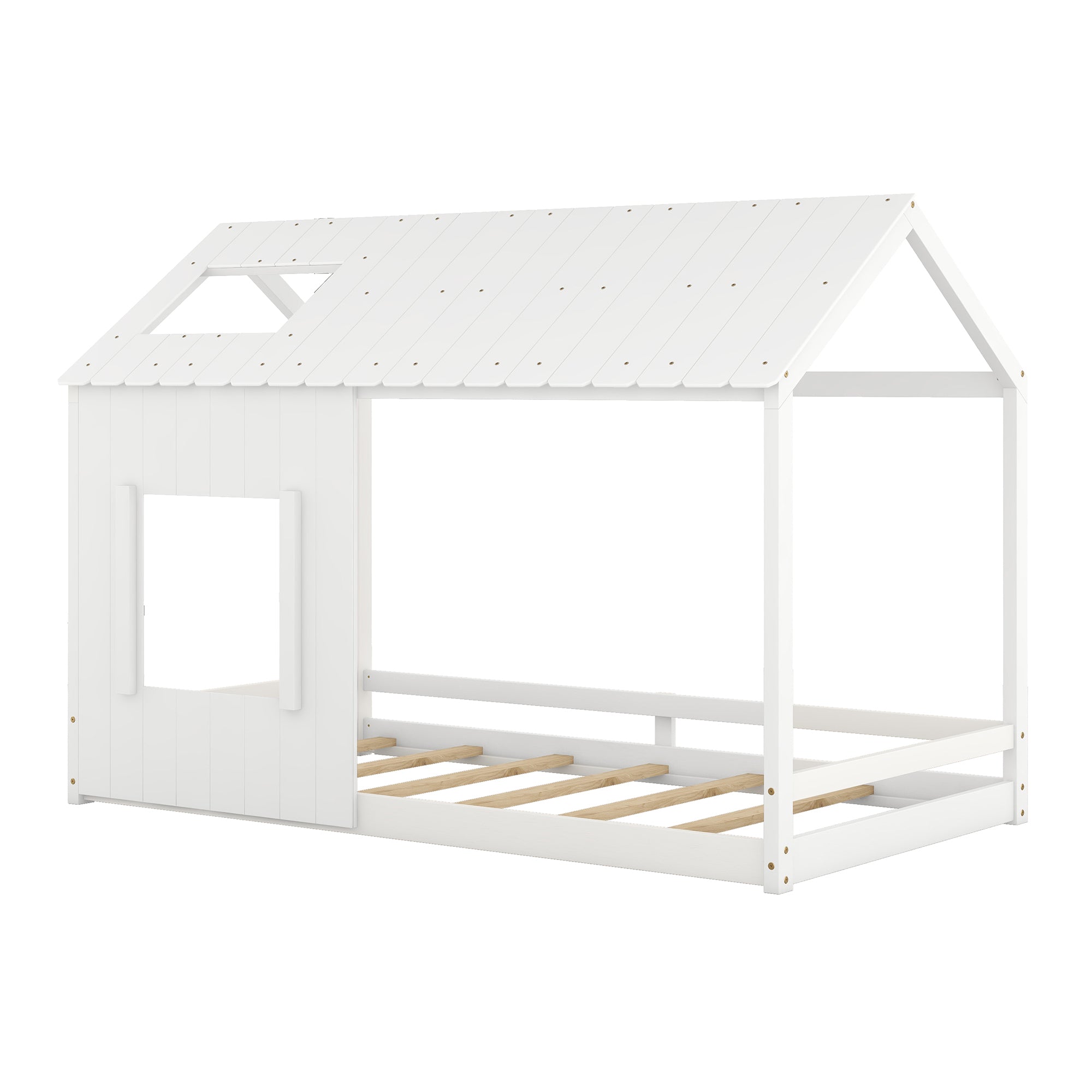 Twin Size House Bed with Roof and Window White white-mdf
