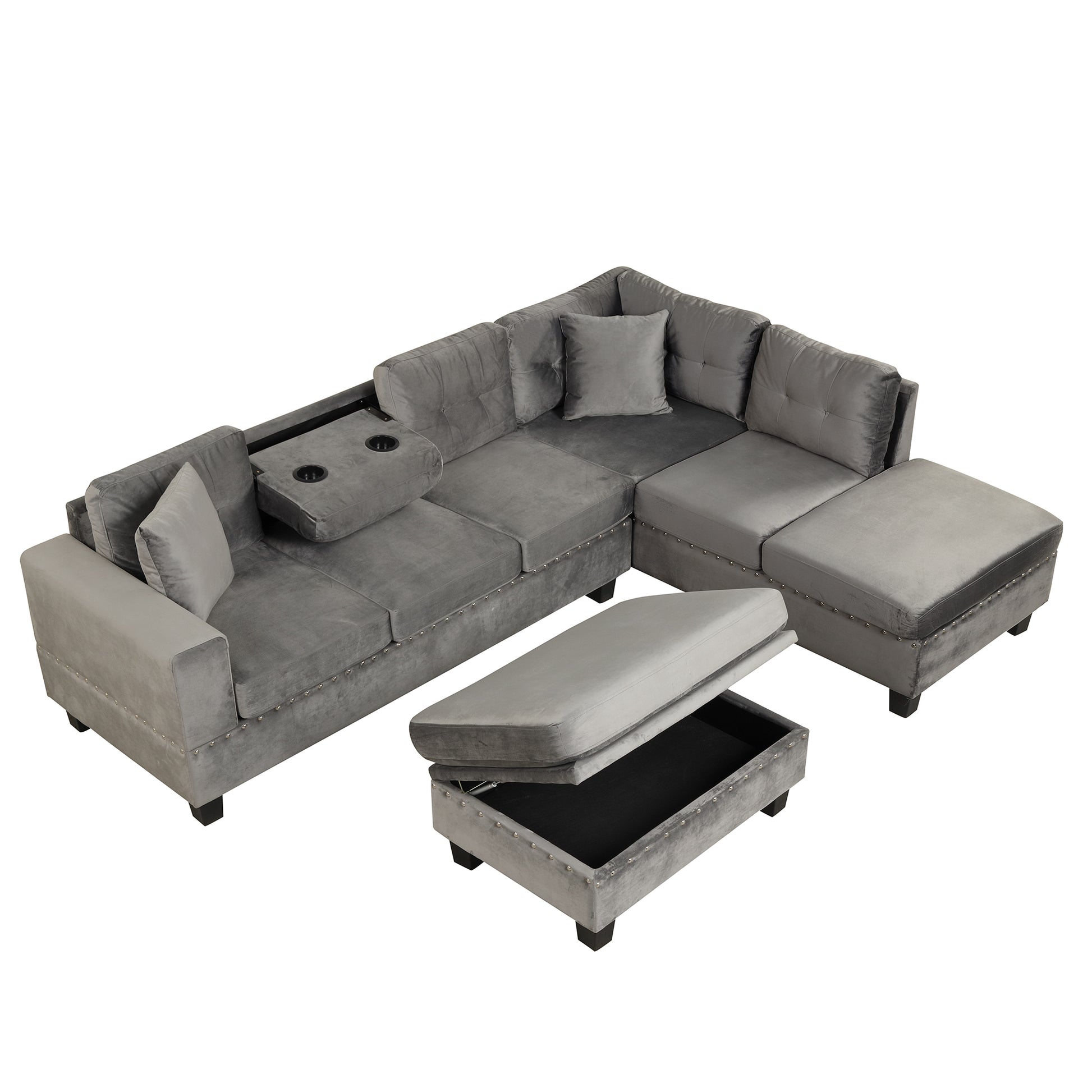 105" Modern Sectional Sofa With Storage Ottoman, L Shape Couch With 2 Pillows And Cup Holder,Sectional Sofa With Reversible Chaise For Living Room,Gray Gray Foam Velvet 6 Seat