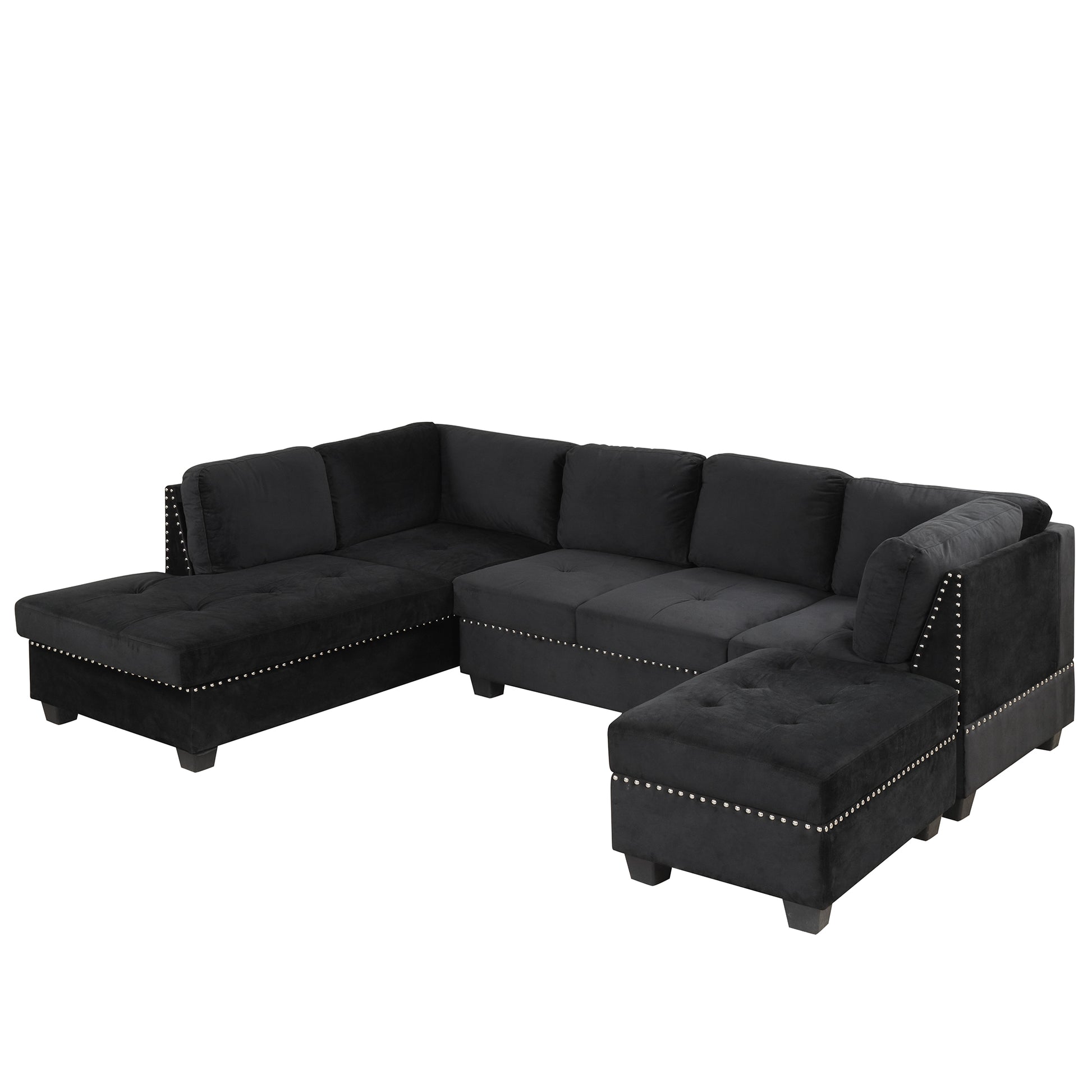 104.5" Reversible Sectional Sofa Space Saving With Storage Ottoman Rivet Ornament L Shape Couch For Small Or Large Space Dorm Apartment,Black Old:Sg000406Aaa Black Foam Velvet