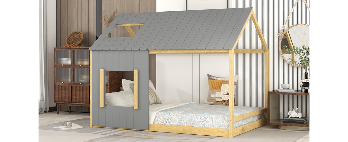 Full Size House Bed with Roof and Window Gray Natural gray-mdf