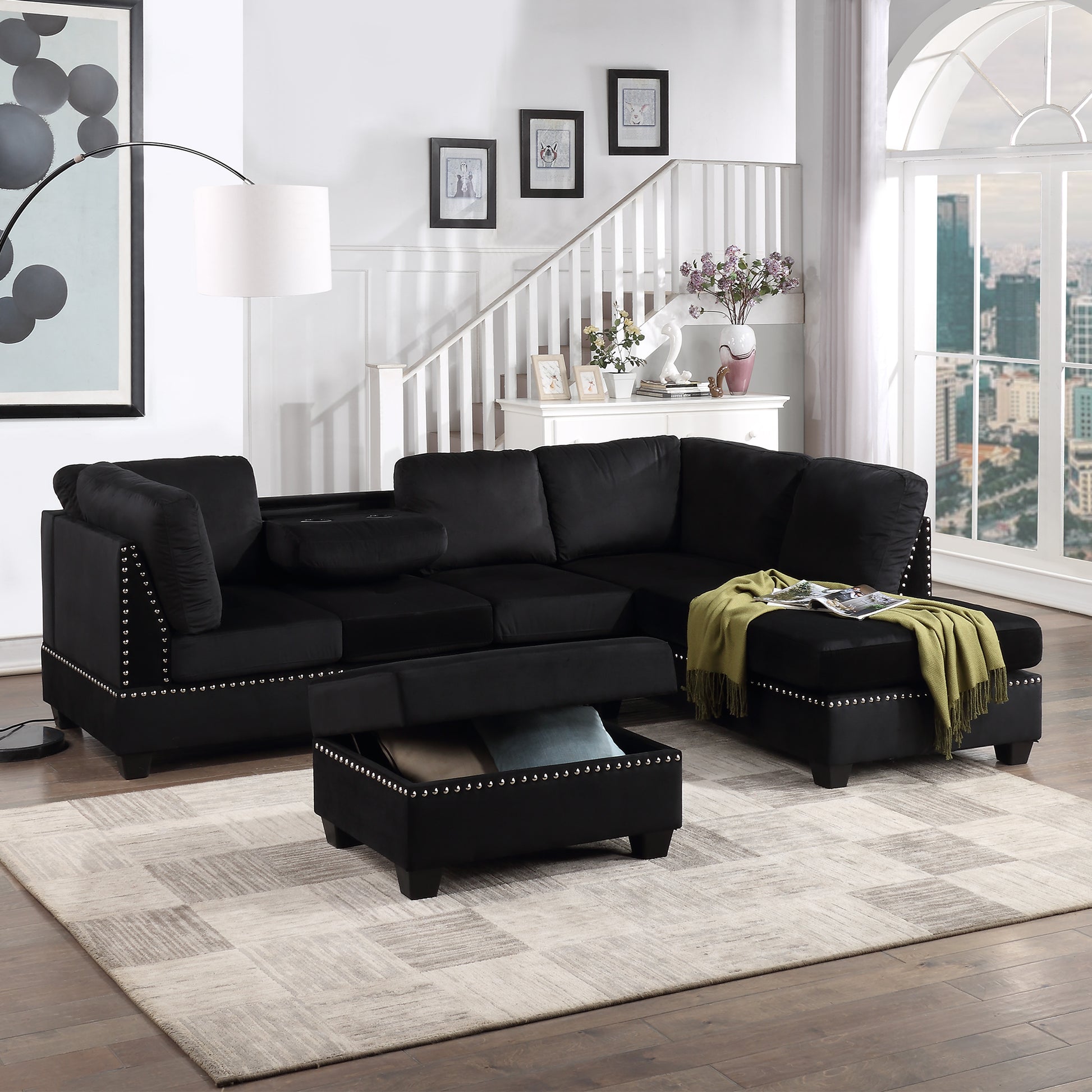 104.5" Reversible Sectional Sofa Space Saving With Storage Ottoman Rivet Ornament L Shape Couch For Small Or Large Space Dorm Apartment,Black Old:Sg000406Aaa Black Foam Velvet