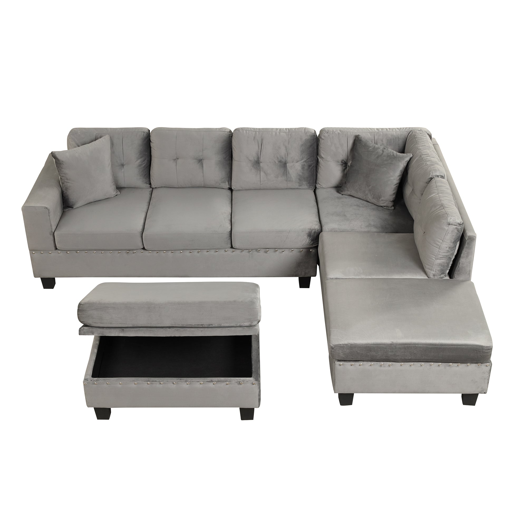 105" Modern Sectional Sofa With Storage Ottoman, L Shape Couch With 2 Pillows And Cup Holder,Sectional Sofa With Reversible Chaise For Living Room,Gray Gray Foam Velvet 6 Seat