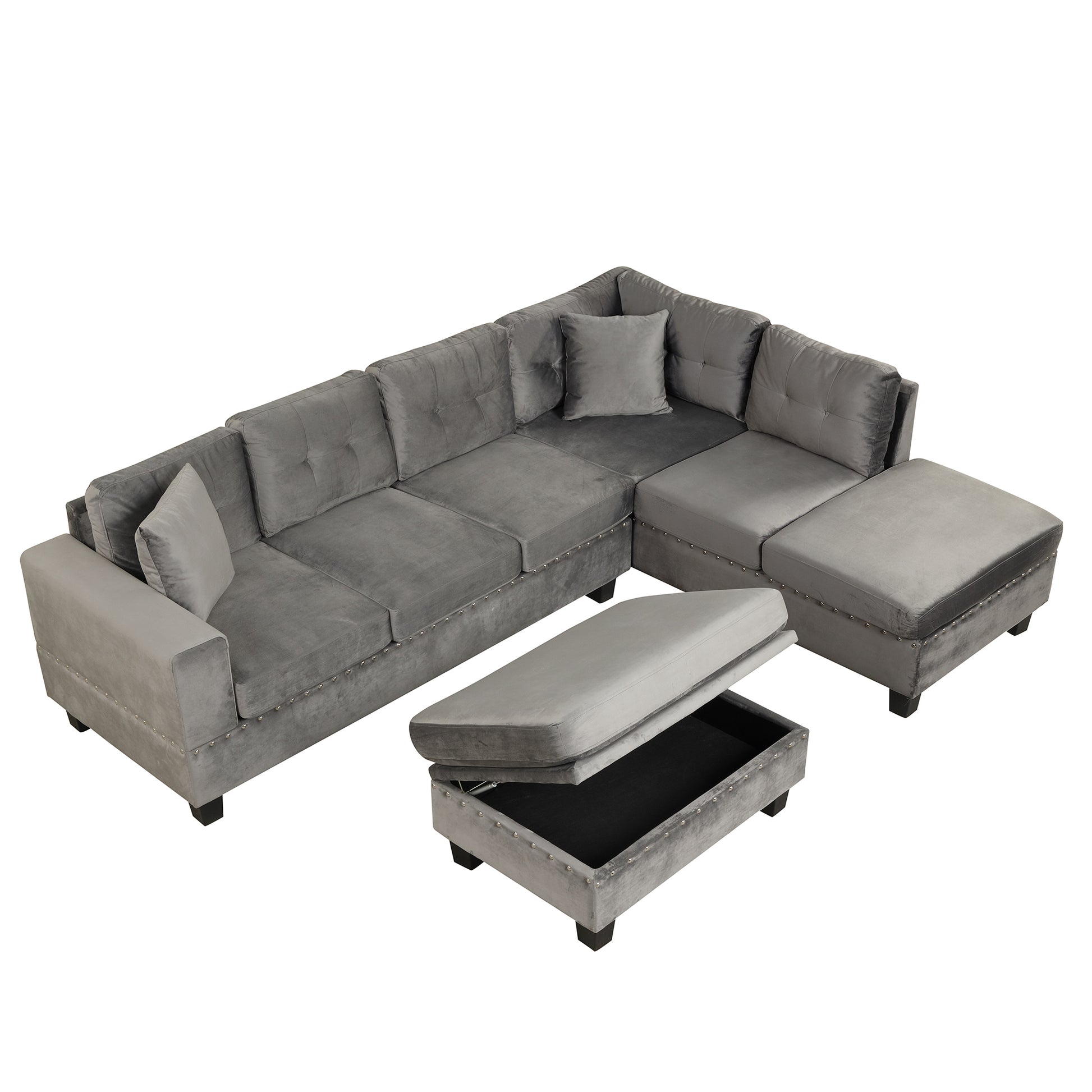 105" Modern Sectional Sofa With Storage Ottoman, L Shape Couch With 2 Pillows And Cup Holder,Sectional Sofa With Reversible Chaise For Living Room,Gray Gray Foam Velvet 6 Seat