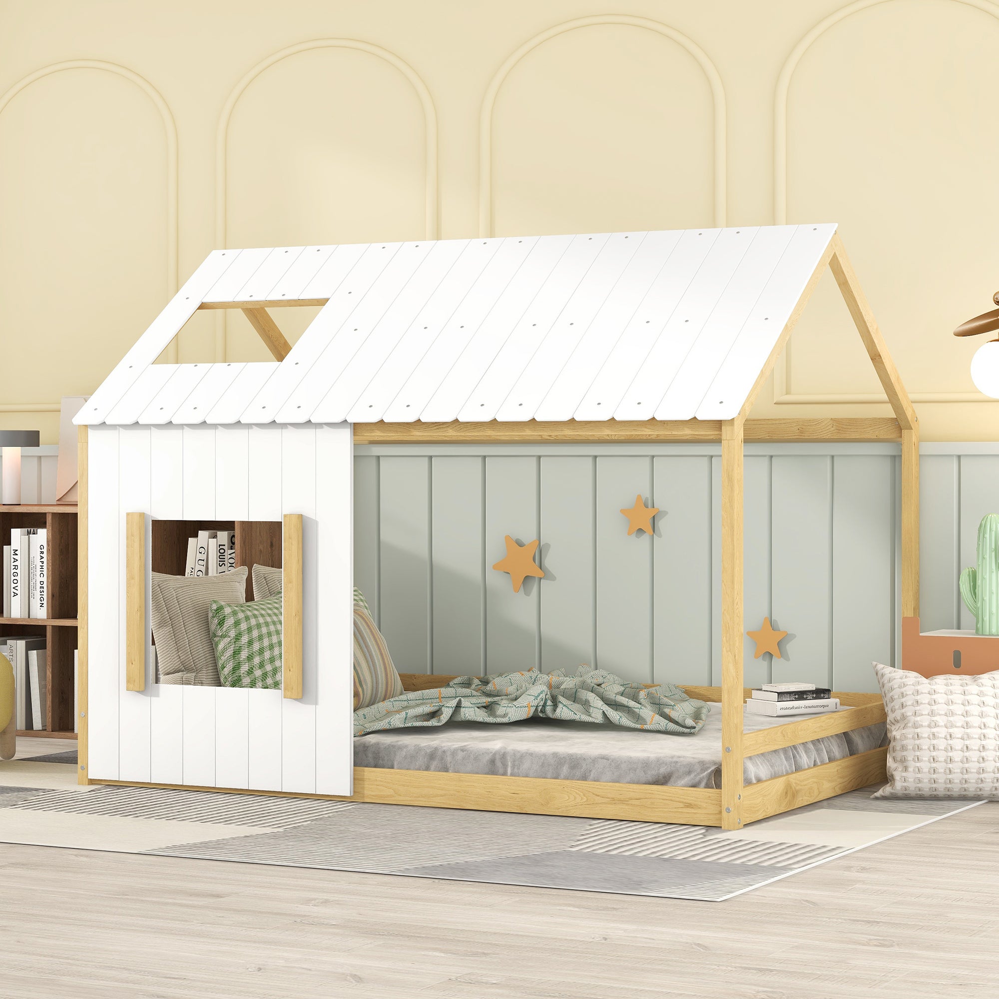 Full Size House Bed with Roof and Window White Natural white-mdf