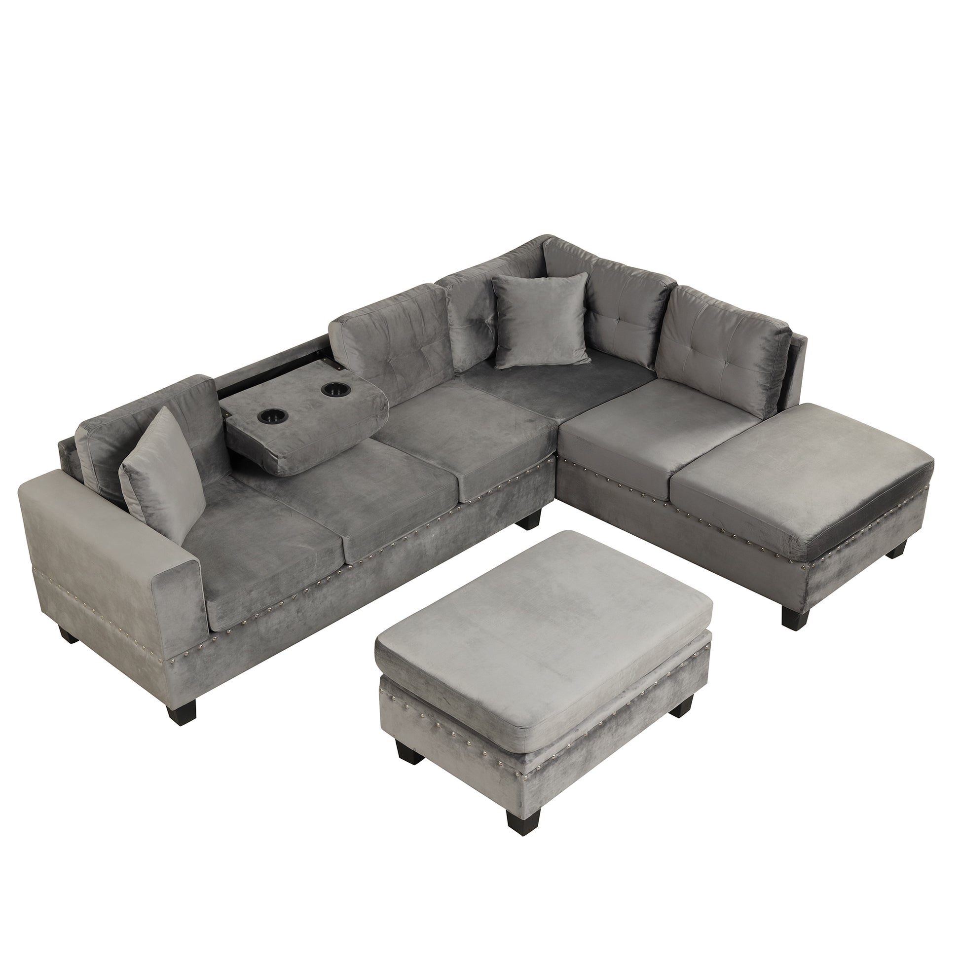 105" Modern Sectional Sofa With Storage Ottoman, L Shape Couch With 2 Pillows And Cup Holder,Sectional Sofa With Reversible Chaise For Living Room,Gray Gray Foam Velvet 6 Seat