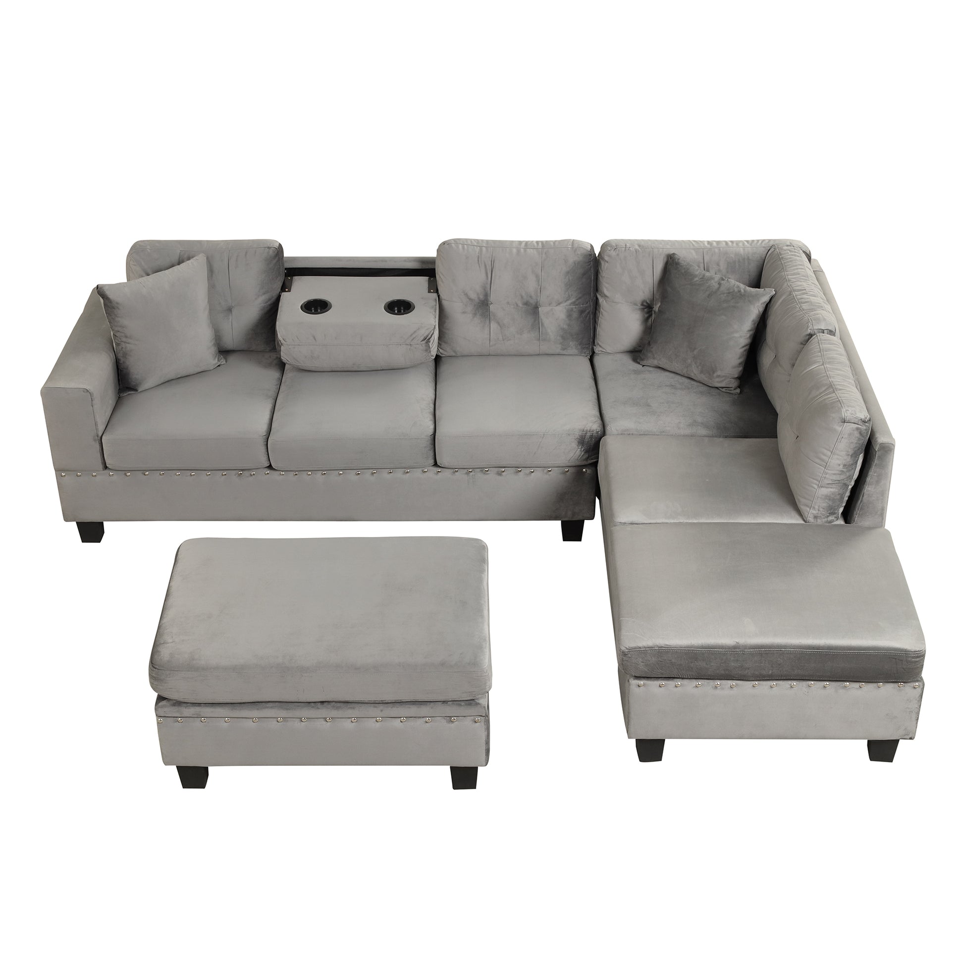 105" Modern Sectional Sofa With Storage Ottoman, L Shape Couch With 2 Pillows And Cup Holder,Sectional Sofa With Reversible Chaise For Living Room,Gray Gray Foam Velvet 6 Seat