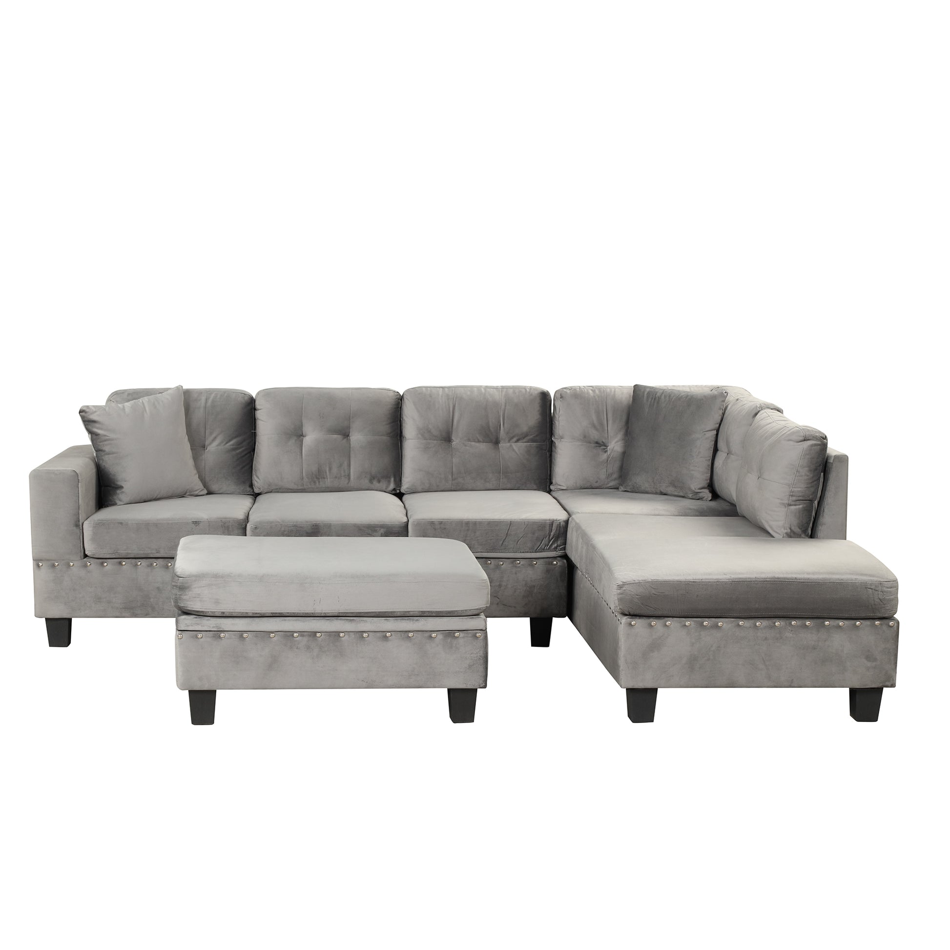 105" Modern Sectional Sofa With Storage Ottoman, L Shape Couch With 2 Pillows And Cup Holder,Sectional Sofa With Reversible Chaise For Living Room,Gray Gray Foam Velvet 6 Seat