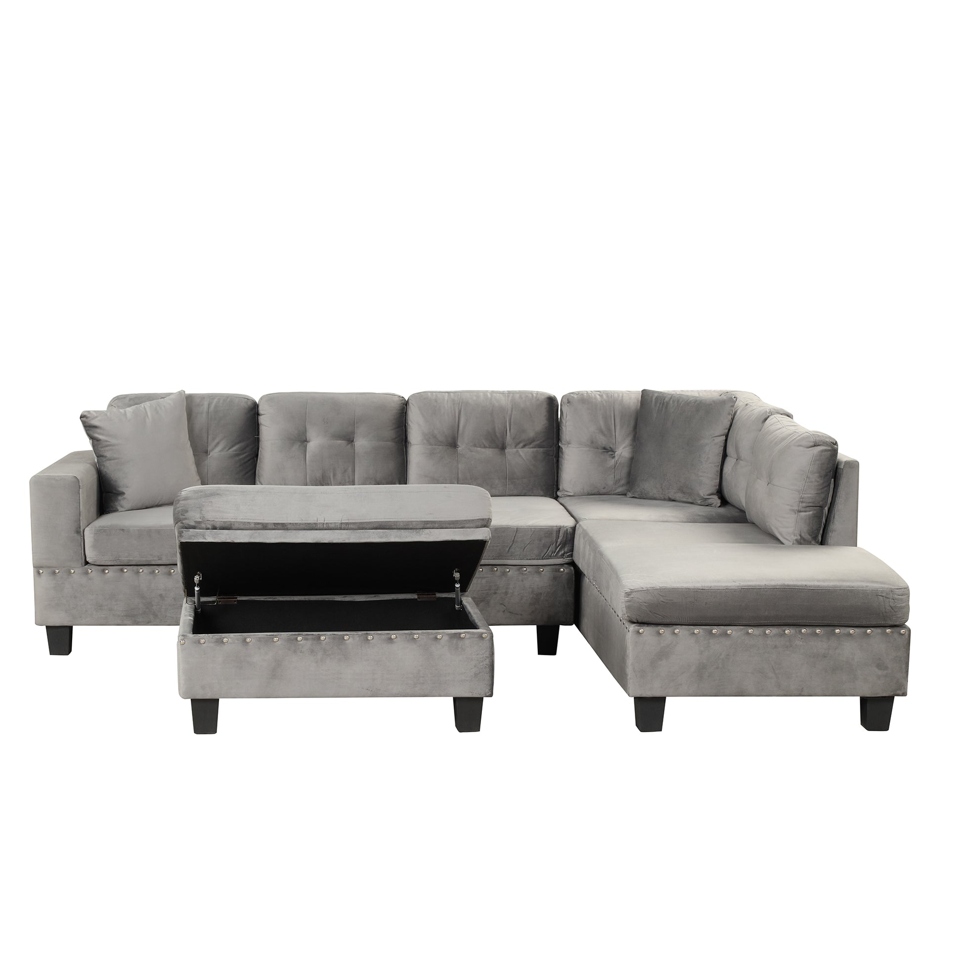 105" Modern Sectional Sofa With Storage Ottoman, L Shape Couch With 2 Pillows And Cup Holder,Sectional Sofa With Reversible Chaise For Living Room,Gray Gray Foam Velvet 6 Seat