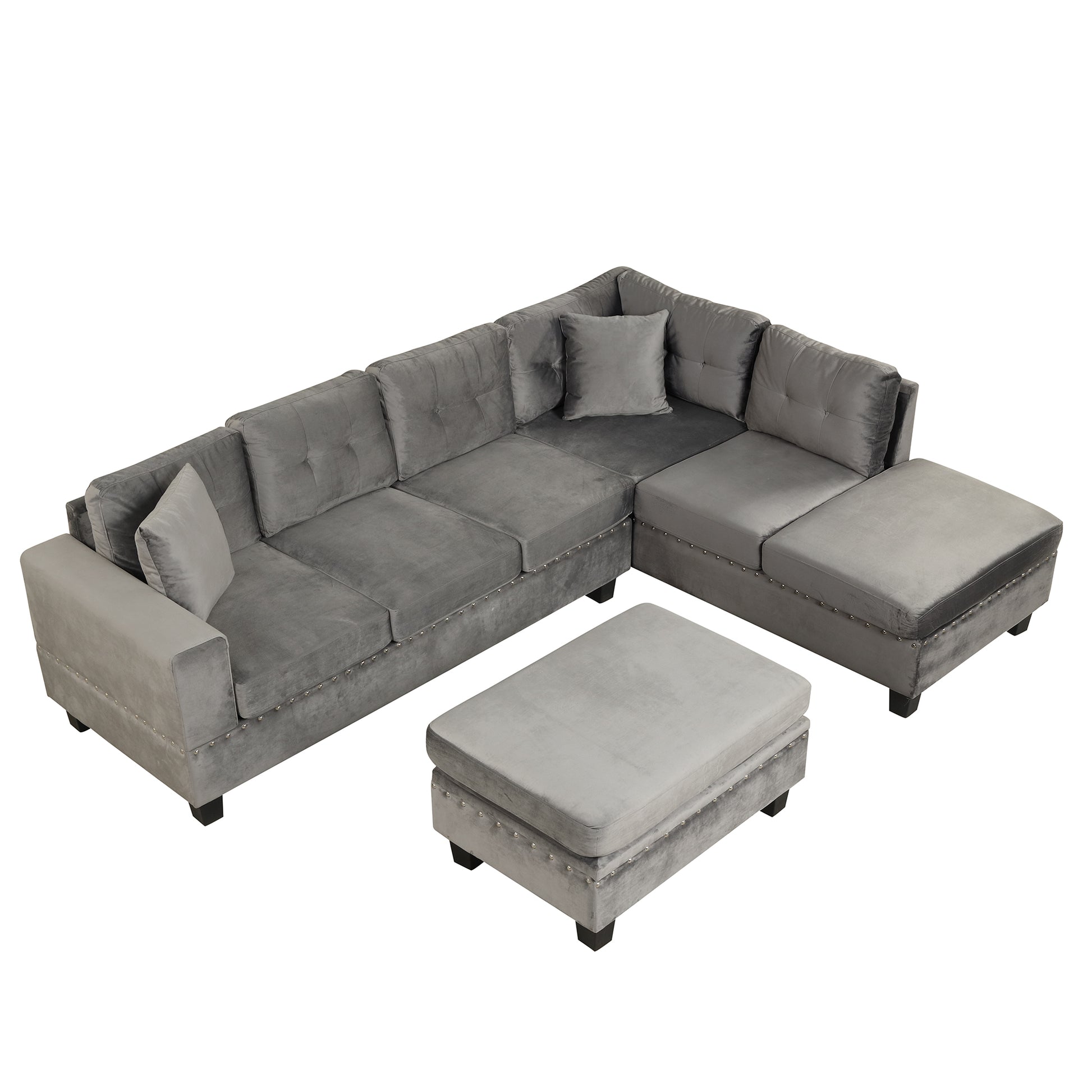 105" Modern Sectional Sofa With Storage Ottoman, L Shape Couch With 2 Pillows And Cup Holder,Sectional Sofa With Reversible Chaise For Living Room,Gray Gray Foam Velvet 6 Seat