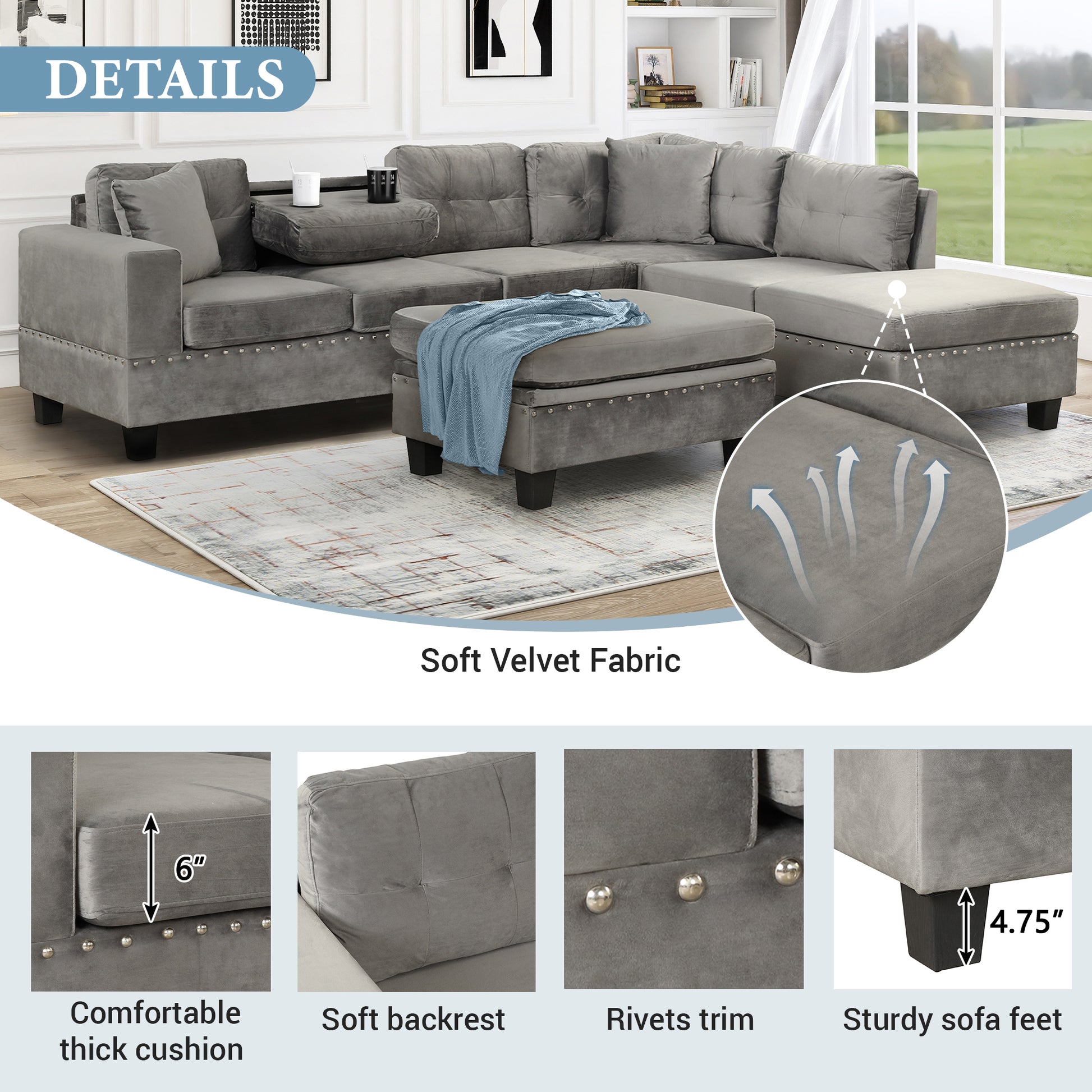 105" Modern Sectional Sofa With Storage Ottoman, L Shape Couch With 2 Pillows And Cup Holder,Sectional Sofa With Reversible Chaise For Living Room,Gray Gray Foam Velvet 6 Seat