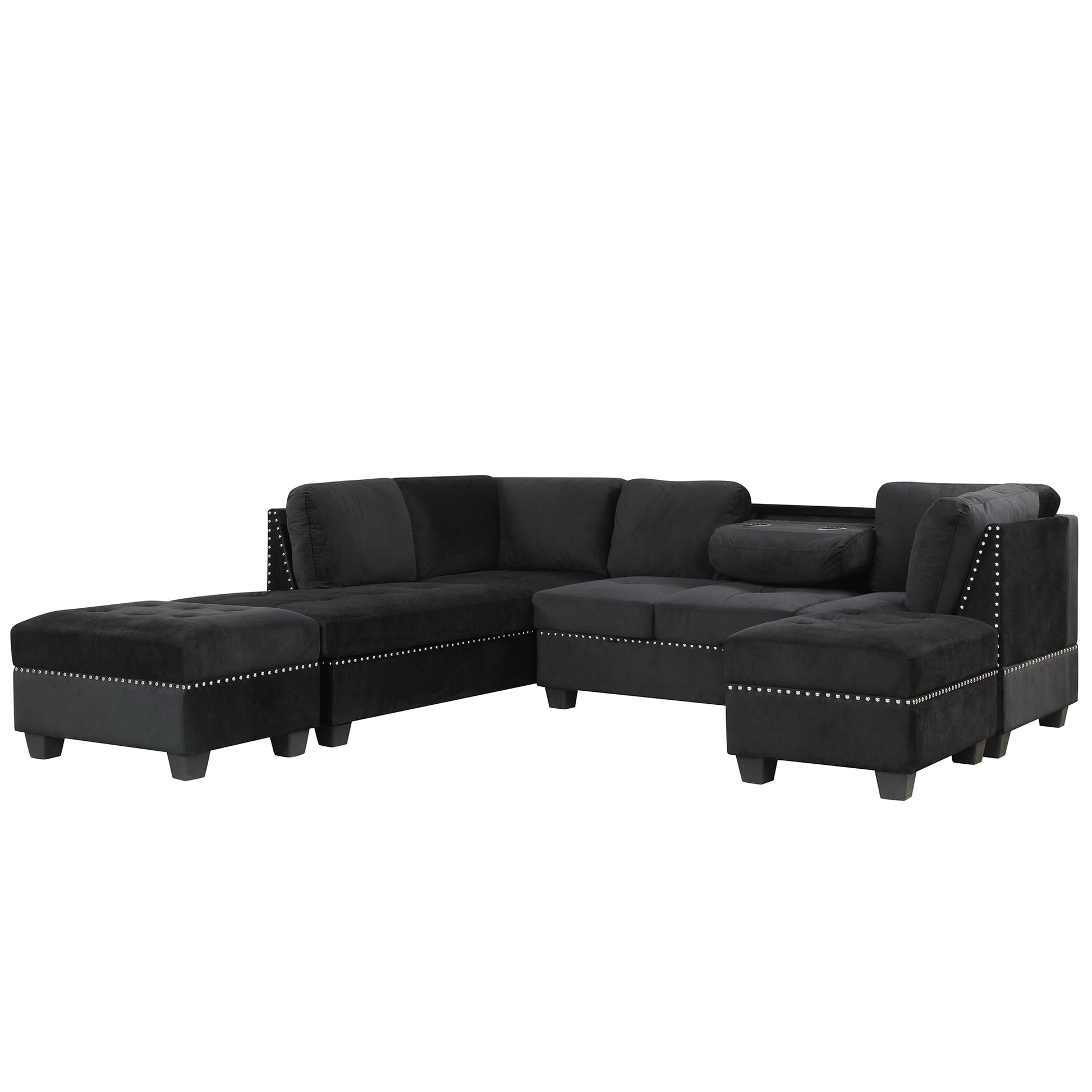 104.5" Reversible Sectional Sofa Space Saving With Storage Ottoman Rivet Ornament L Shape Couch For Small Or Large Space Dorm Apartment,Black Old:Sg000406Aaa Black Foam Velvet