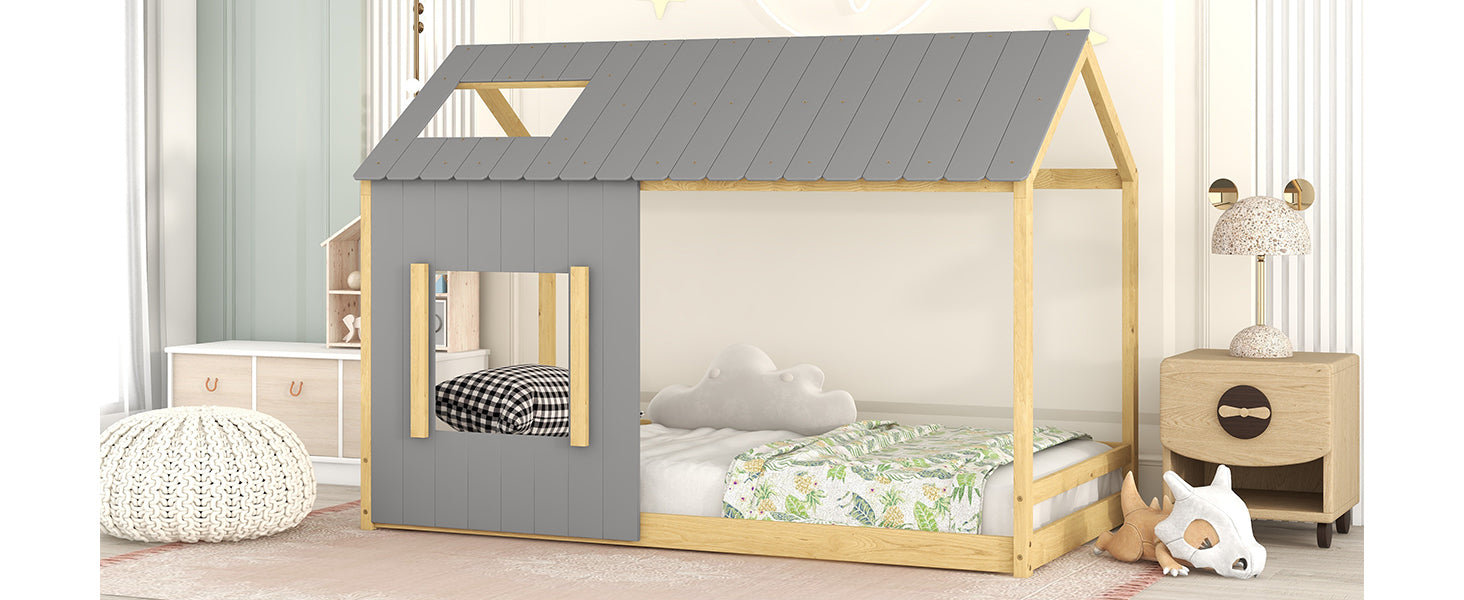 Twin Size House Bed with Roof and Window Gray Natural gray-mdf