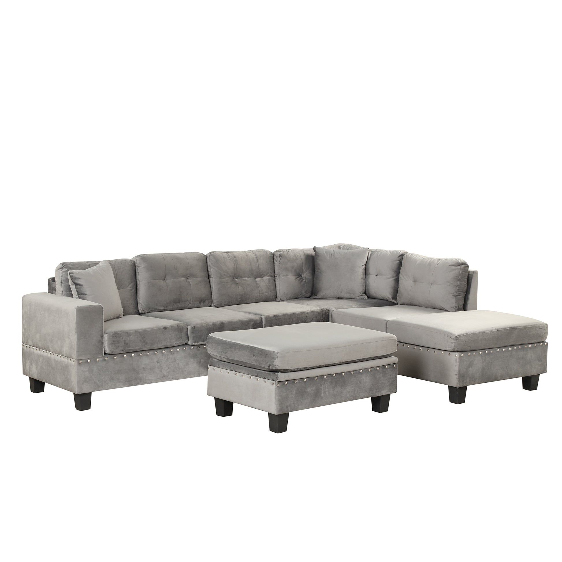 105" Modern Sectional Sofa With Storage Ottoman, L Shape Couch With 2 Pillows And Cup Holder,Sectional Sofa With Reversible Chaise For Living Room,Gray Gray Foam Velvet 6 Seat