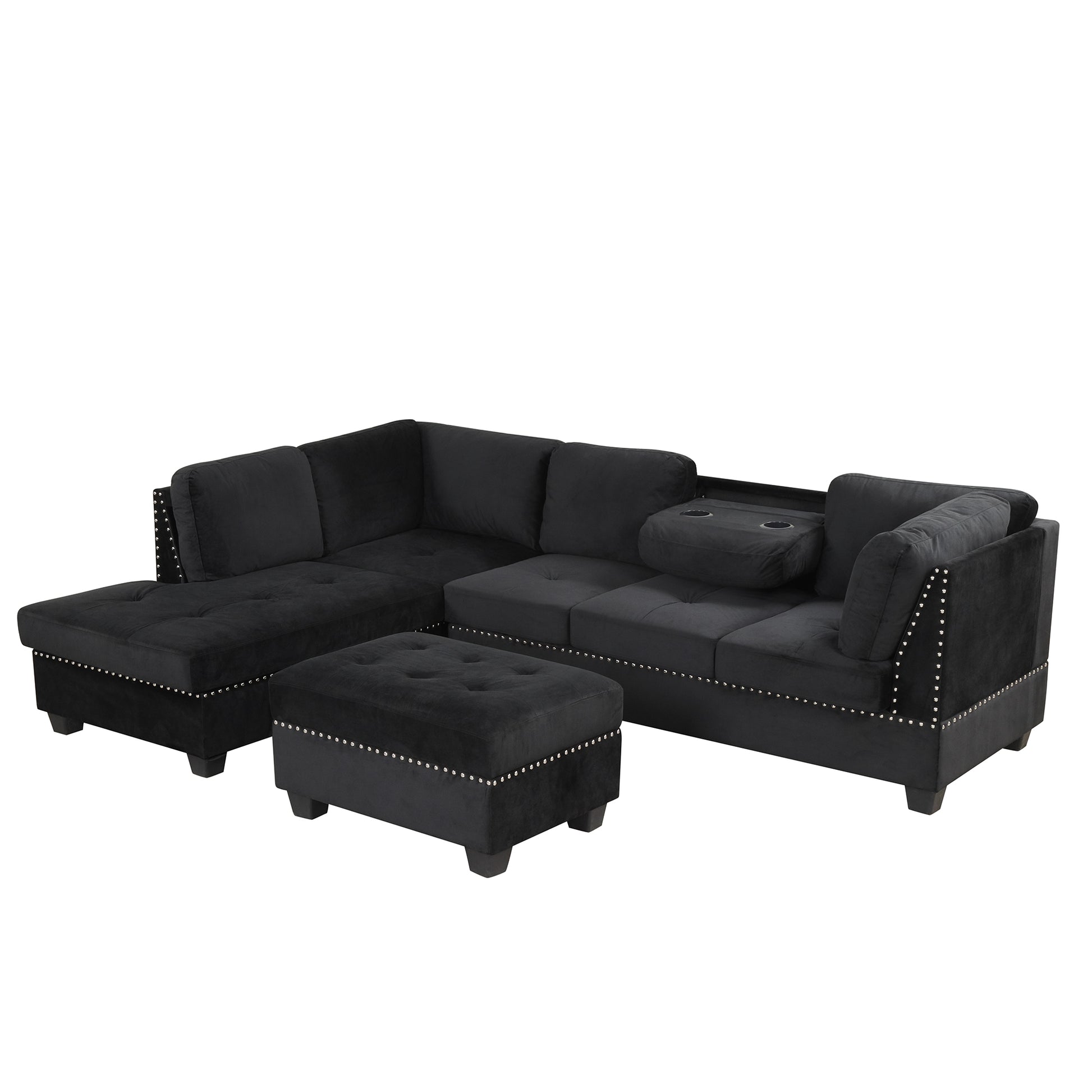 104.5" Reversible Sectional Sofa Space Saving With Storage Ottoman Rivet Ornament L Shape Couch For Small Or Large Space Dorm Apartment,Black Old:Sg000406Aaa Black Foam Velvet