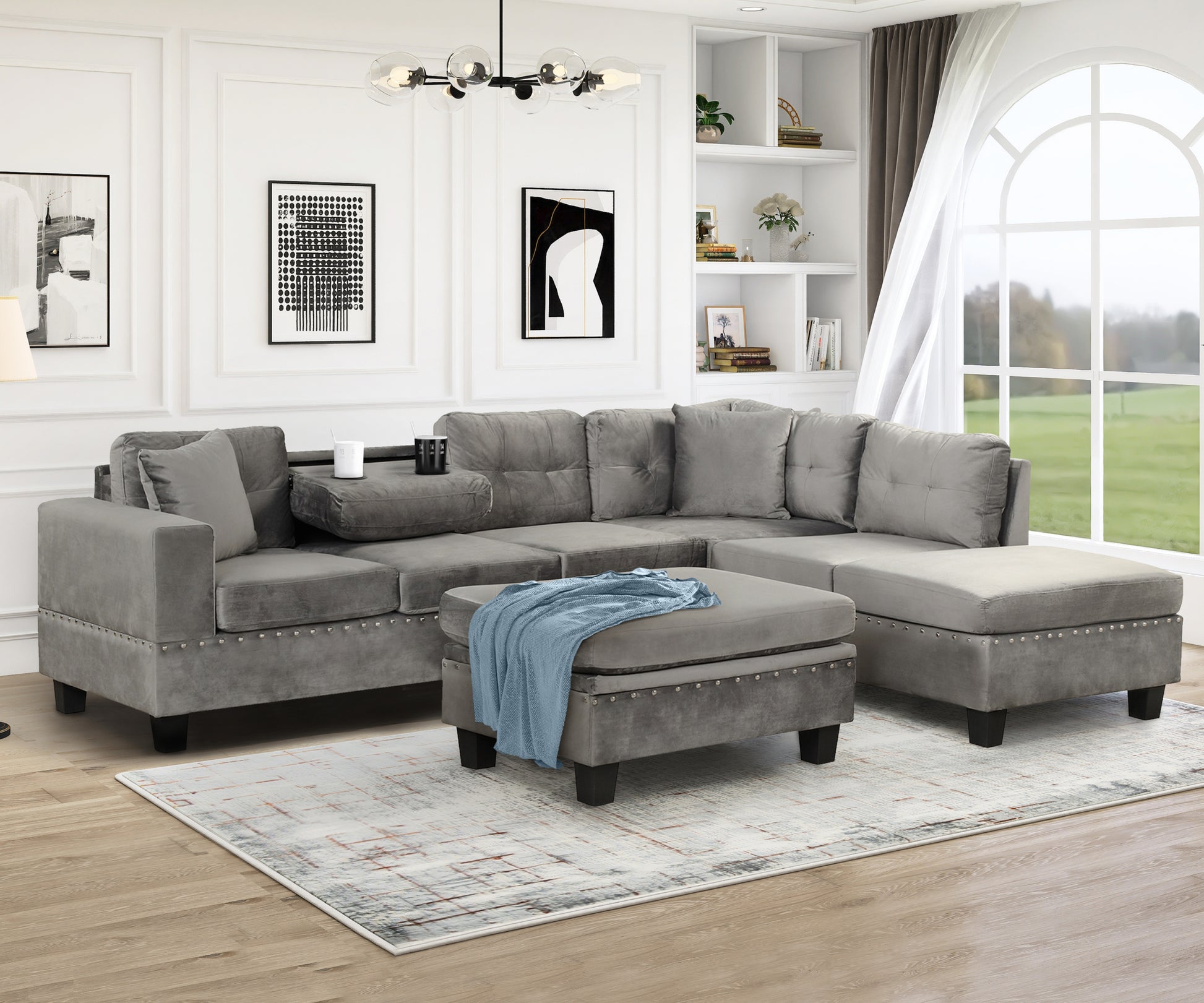 105" Modern Sectional Sofa With Storage Ottoman, L Shape Couch With 2 Pillows And Cup Holder,Sectional Sofa With Reversible Chaise For Living Room,Gray Gray Foam Velvet 6 Seat