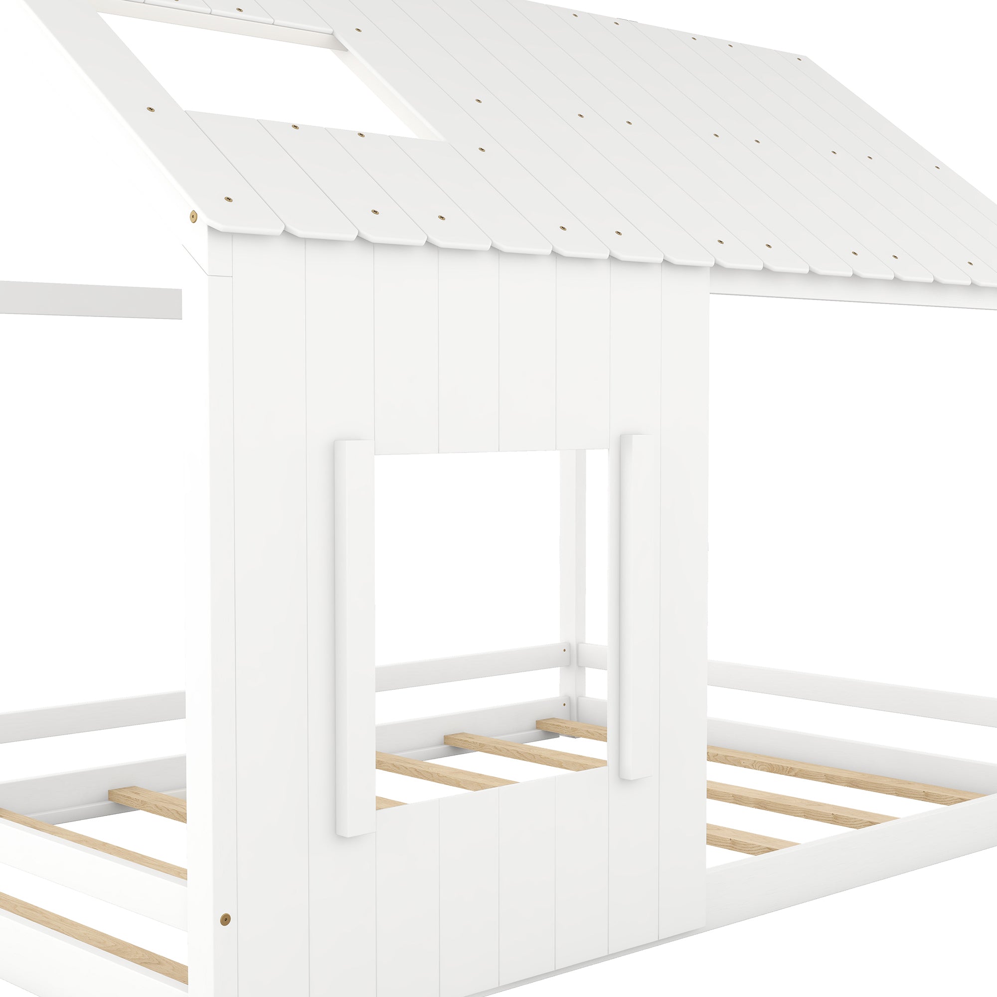 Full Size House Bed with Roof and Window White white-mdf