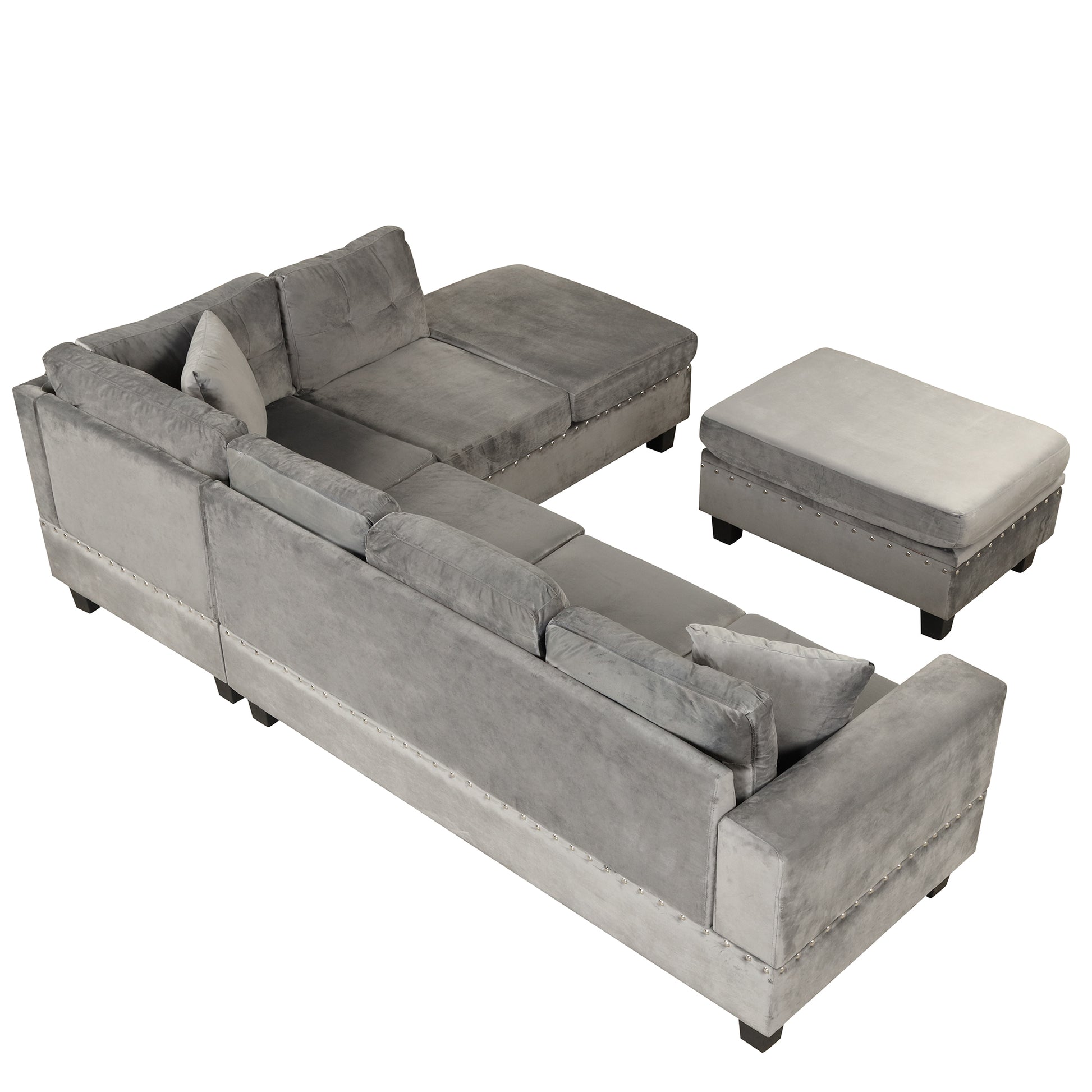 105" Modern Sectional Sofa With Storage Ottoman, L Shape Couch With 2 Pillows And Cup Holder,Sectional Sofa With Reversible Chaise For Living Room,Gray Gray Foam Velvet 6 Seat