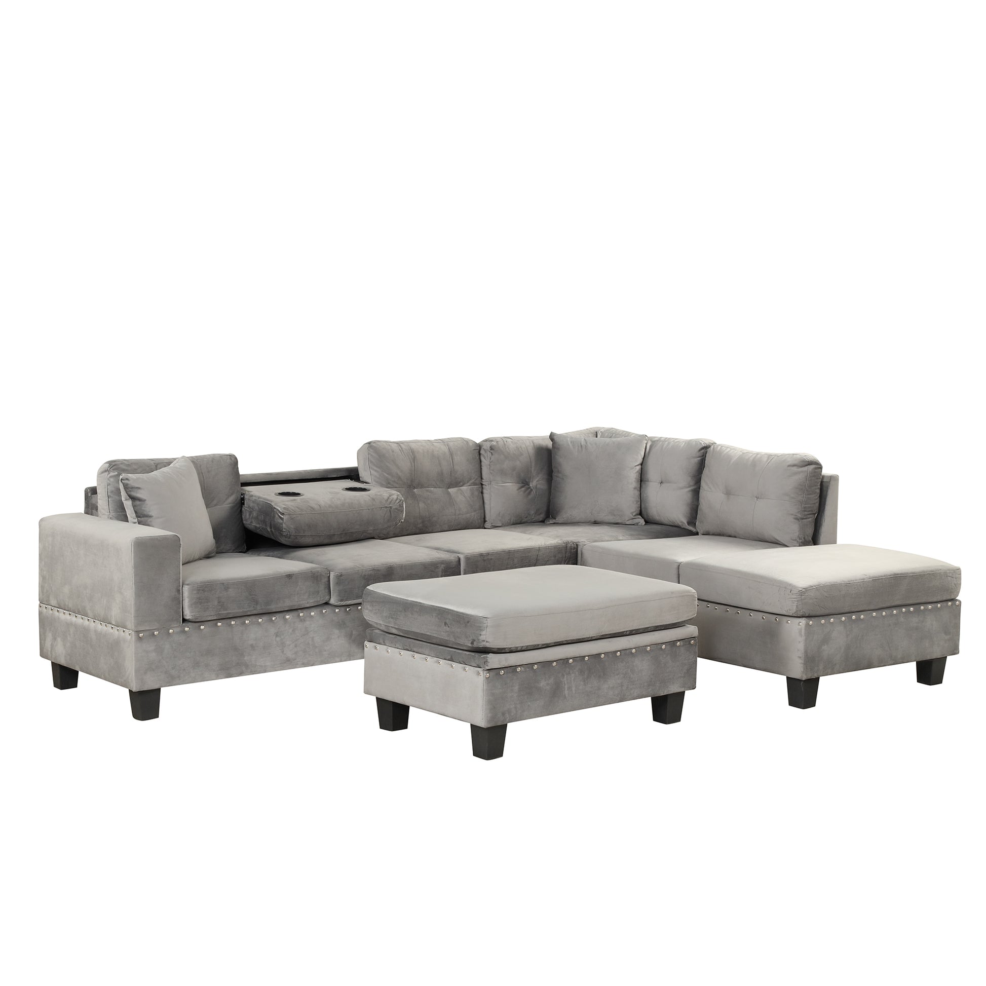 105" Modern Sectional Sofa With Storage Ottoman, L Shape Couch With 2 Pillows And Cup Holder,Sectional Sofa With Reversible Chaise For Living Room,Gray Gray Foam Velvet 6 Seat