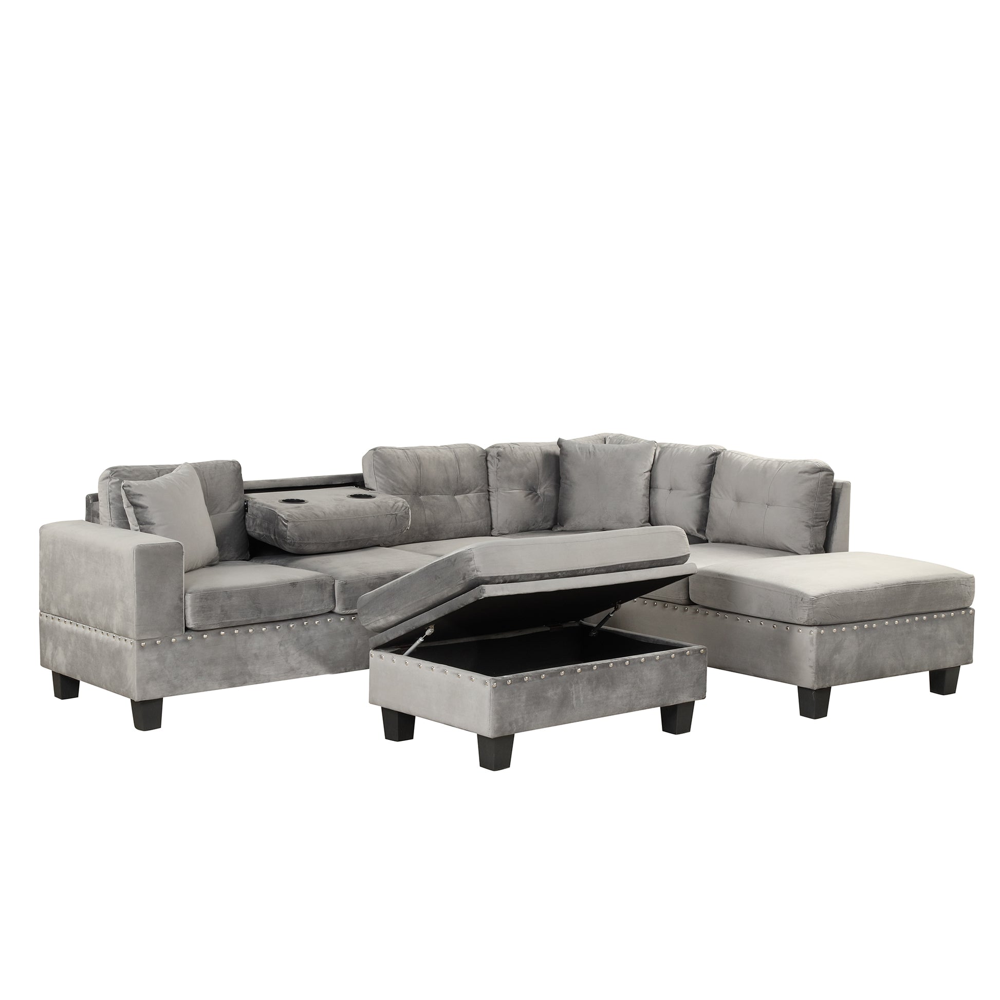 105" Modern Sectional Sofa With Storage Ottoman, L Shape Couch With 2 Pillows And Cup Holder,Sectional Sofa With Reversible Chaise For Living Room,Gray Gray Foam Velvet 6 Seat