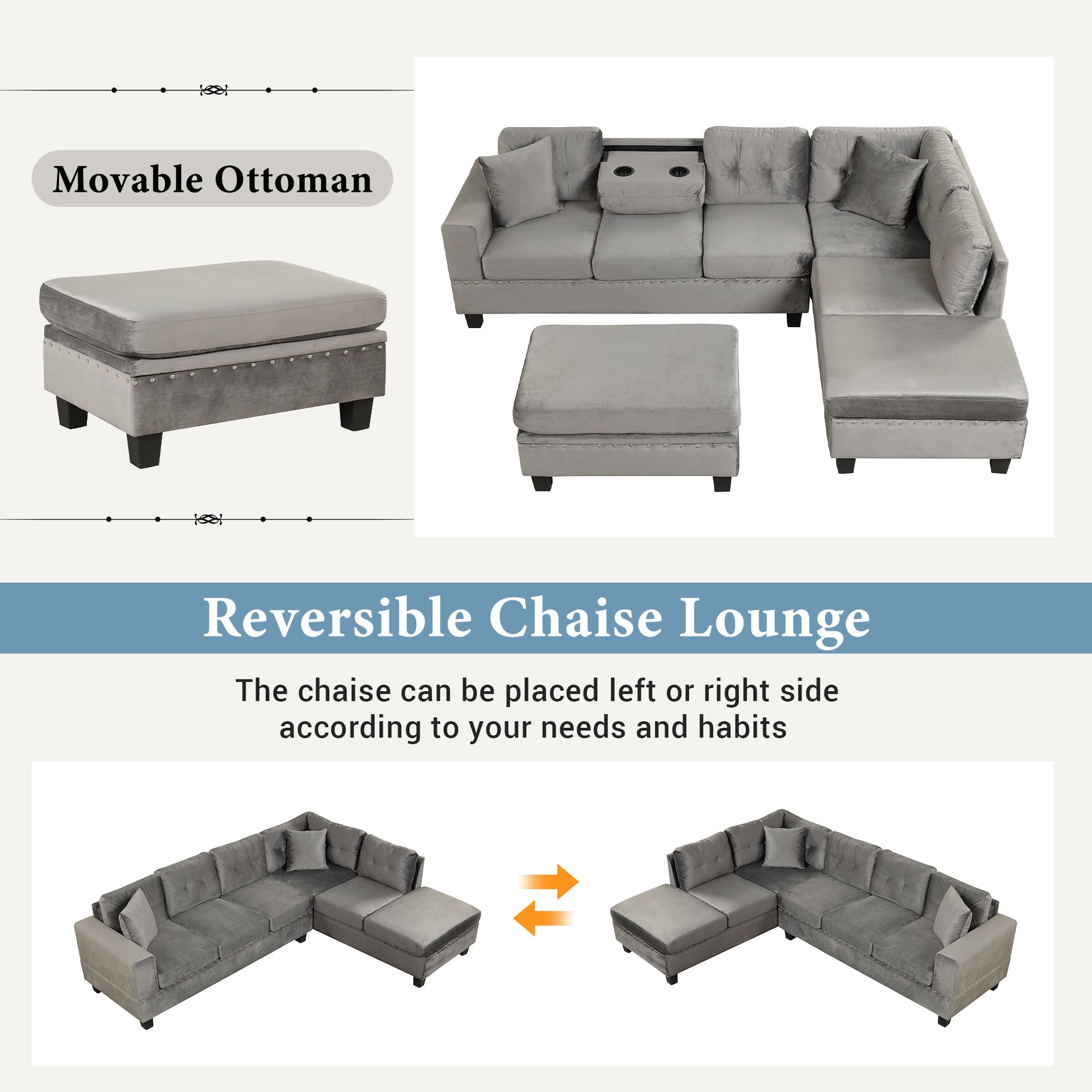 105" Modern Sectional Sofa With Storage Ottoman, L Shape Couch With 2 Pillows And Cup Holder,Sectional Sofa With Reversible Chaise For Living Room,Gray Gray Foam Velvet 6 Seat