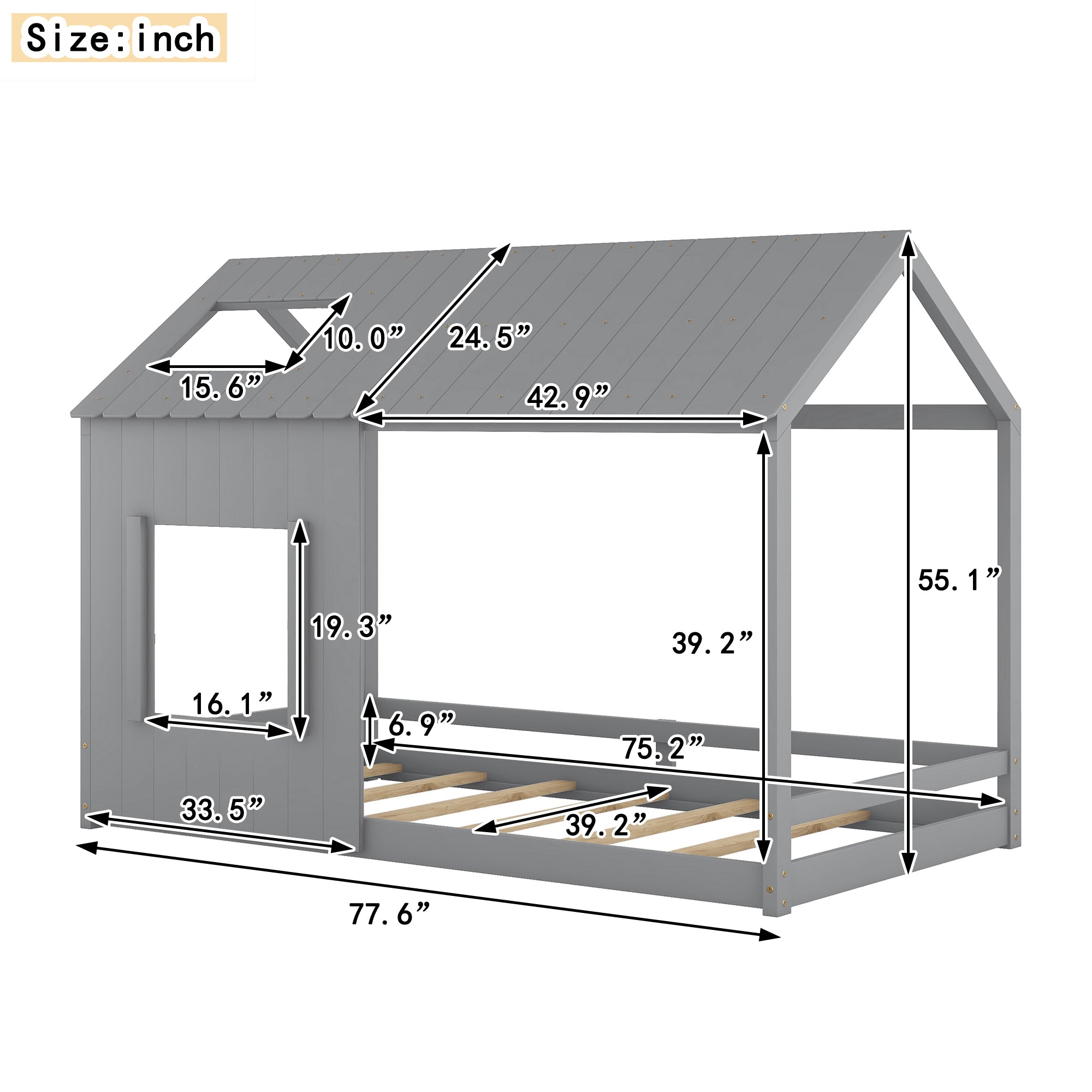 Twin Size House Bed with Roof and Window Gray grey-mdf