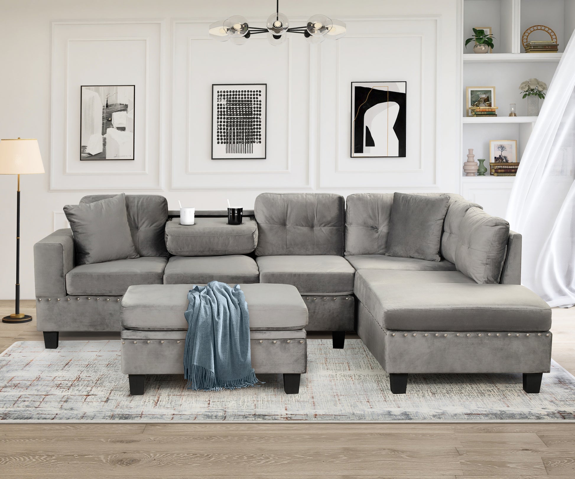 105" Modern Sectional Sofa With Storage Ottoman, L Shape Couch With 2 Pillows And Cup Holder,Sectional Sofa With Reversible Chaise For Living Room,Gray Gray Foam Velvet 6 Seat