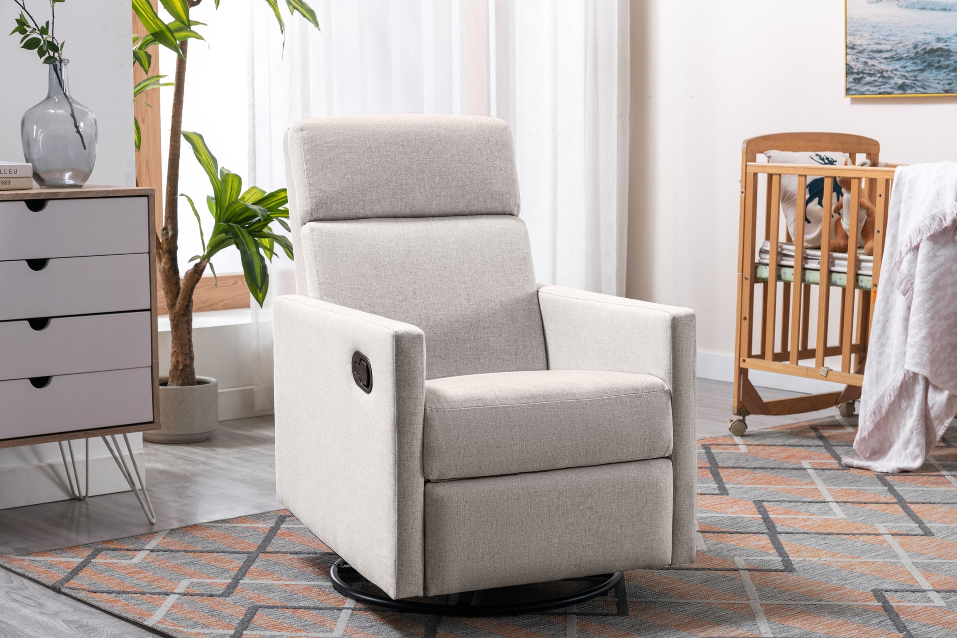 Modern Upholstered Rocker Nursery Chair Plush Seating Glider Swivel Recliner Chair, Tan Tan Linen