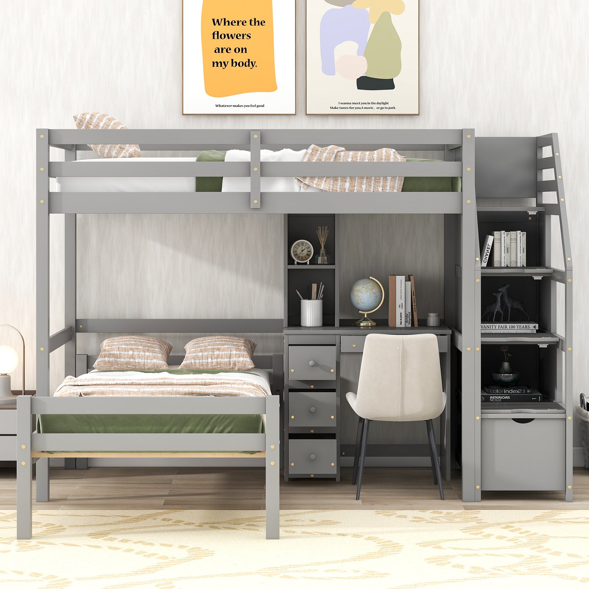 Twin Size Loft Bed With A Stand Alone Bed, Storage Staircase, Desk, Shelves And Drawers, Gray Gray Pine