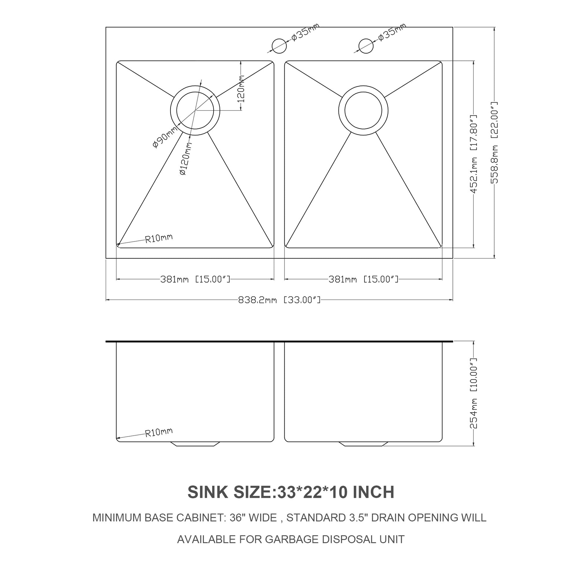 Double Bowl Drop In Sink 33"X22" Gunmetal Black Double Bowl Kitchen Sink 16 Gauge With Two 10" Deep Basin Gunmetal Black Stainless Steel