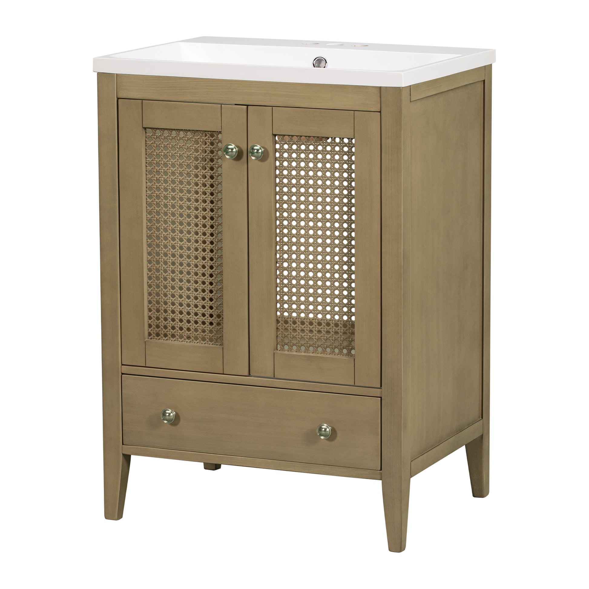 24" Bathroom Vanity With Ceramic Basin, Rattan Bathroom Storage Cabinet With Two Doors And Drawer, Solid Frame, Natural Old Sku: Jl000008Aad Natural Solid Wood Mdf