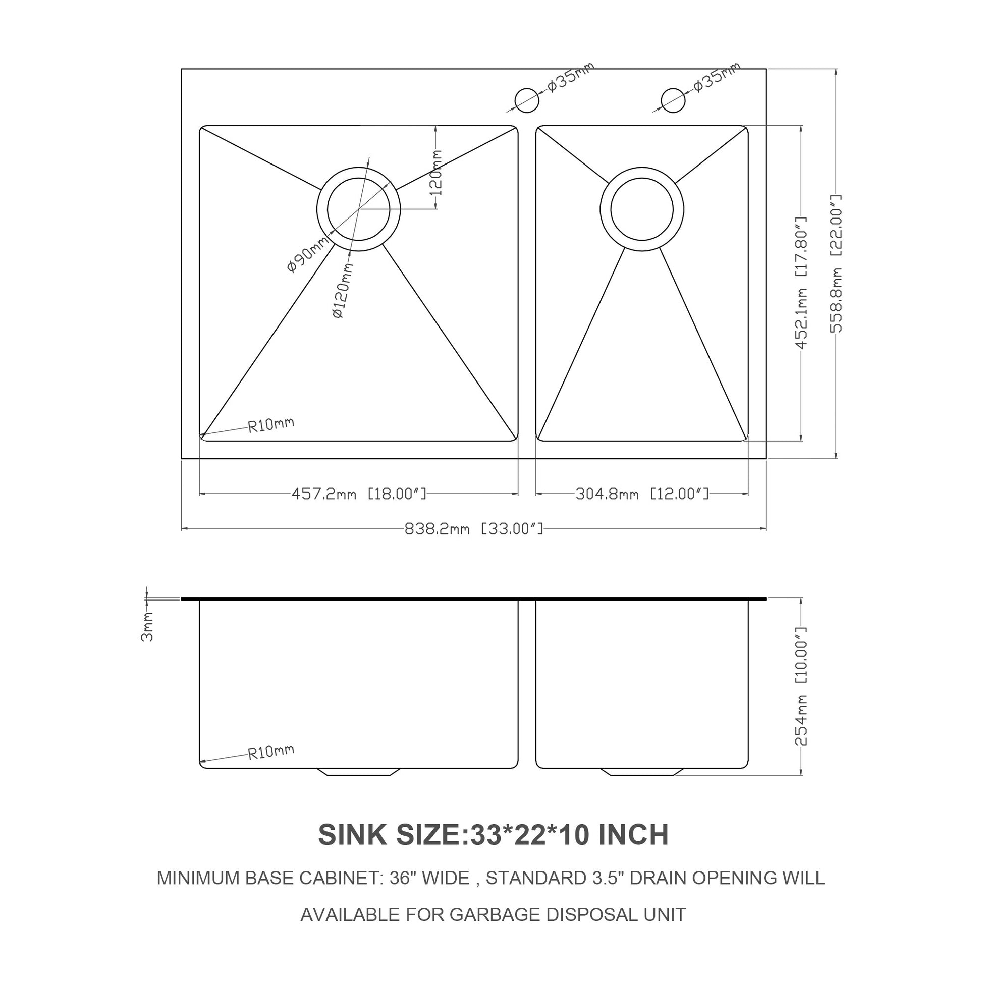 Double Bowl Drop In Sink 33"X22" Gunmetal Black Double Bowl Kitchen Sink 16 Gauge With Two 10" Deep Basin 60 40 Gunmetal Black Stainless Steel