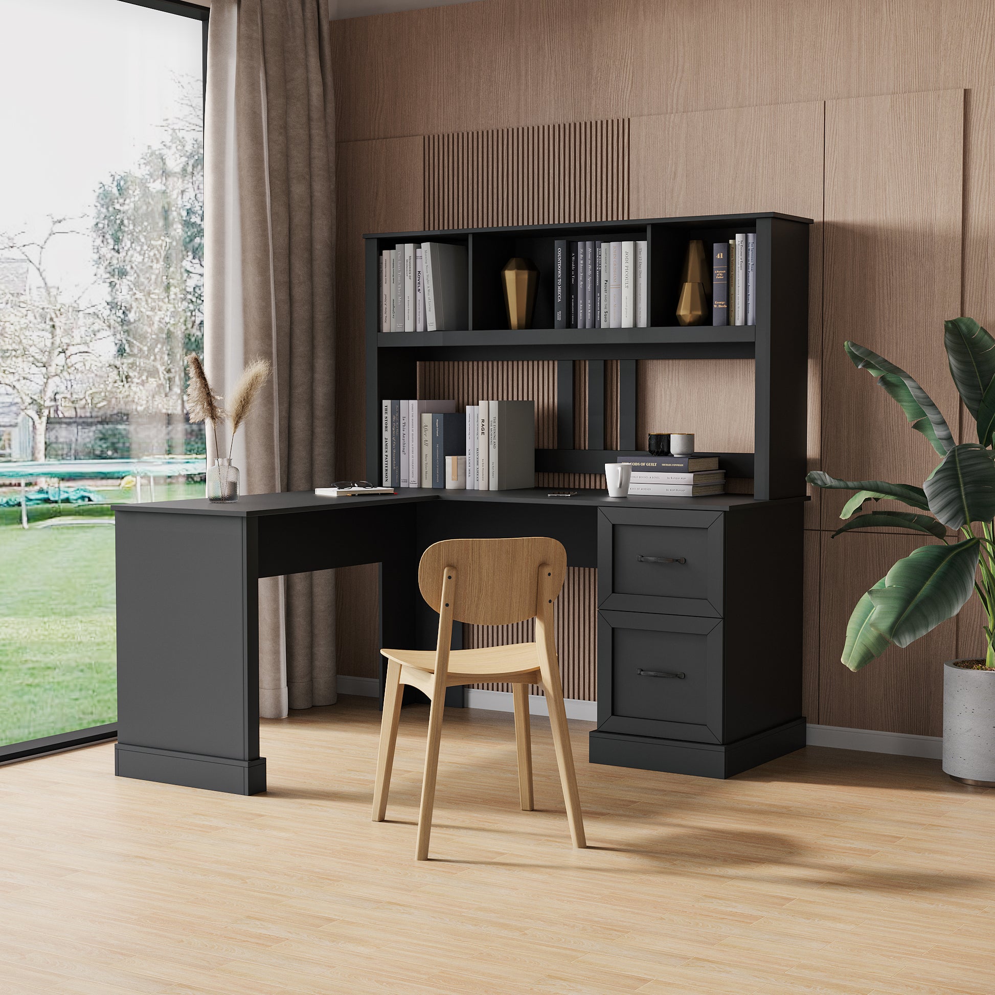 Home Office Computer Desk With Hutch, Antiqued Black Finish Black Mdf