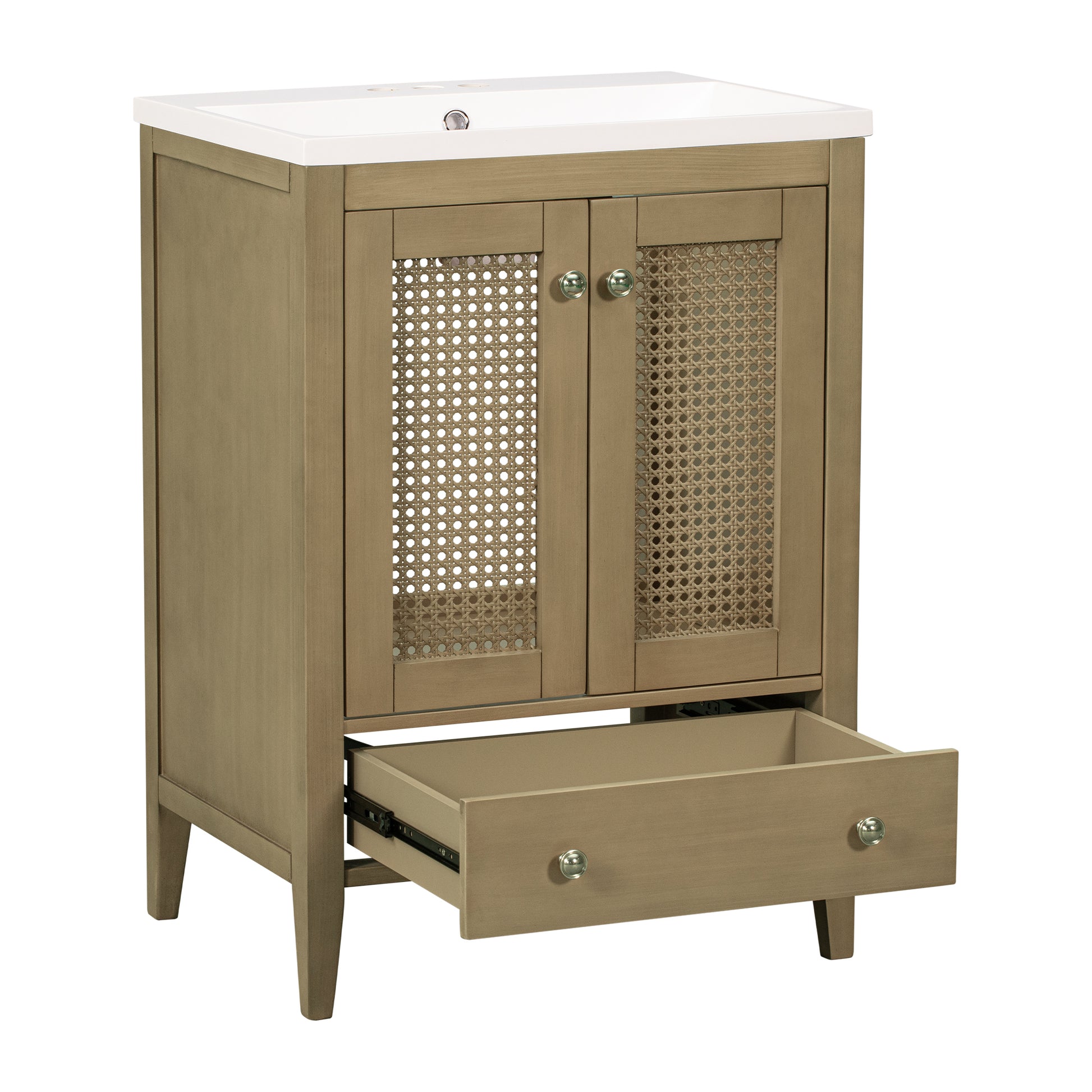 24" Bathroom Vanity With Ceramic Basin, Rattan Bathroom Storage Cabinet With Two Doors And Drawer, Solid Frame, Natural Old Sku: Jl000008Aad Natural Solid Wood Mdf