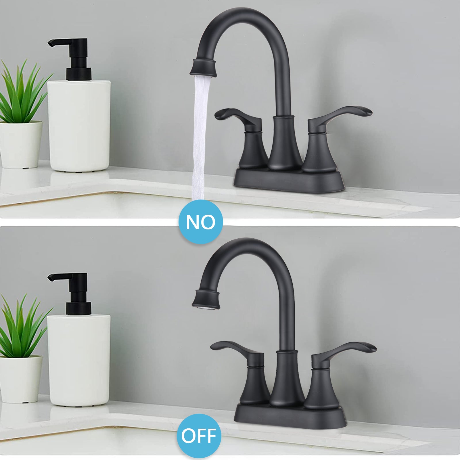 4 Inches Centerset Bathroom Faucet 360 Swivel Spout, With Pop Up Drain Matte Black Matte Black Zinc