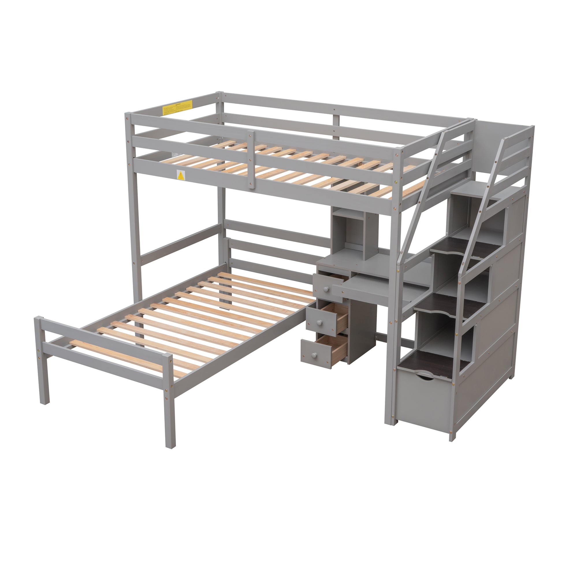 Twin Size Loft Bed With A Stand Alone Bed, Storage Staircase, Desk, Shelves And Drawers, Gray Gray Pine