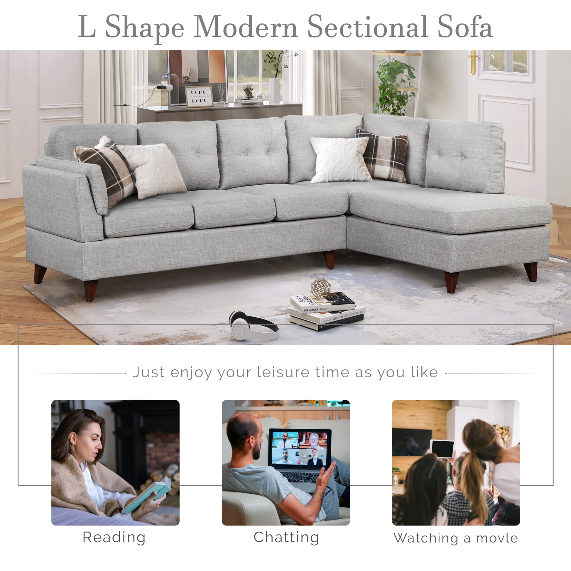 97.2" Modern Linen Fabric Sofa, L Shape Couch With Chaise Lounge,Sectional Sofa With One Lumbar Pad,Gray Gray Foam Linen 4 Seat