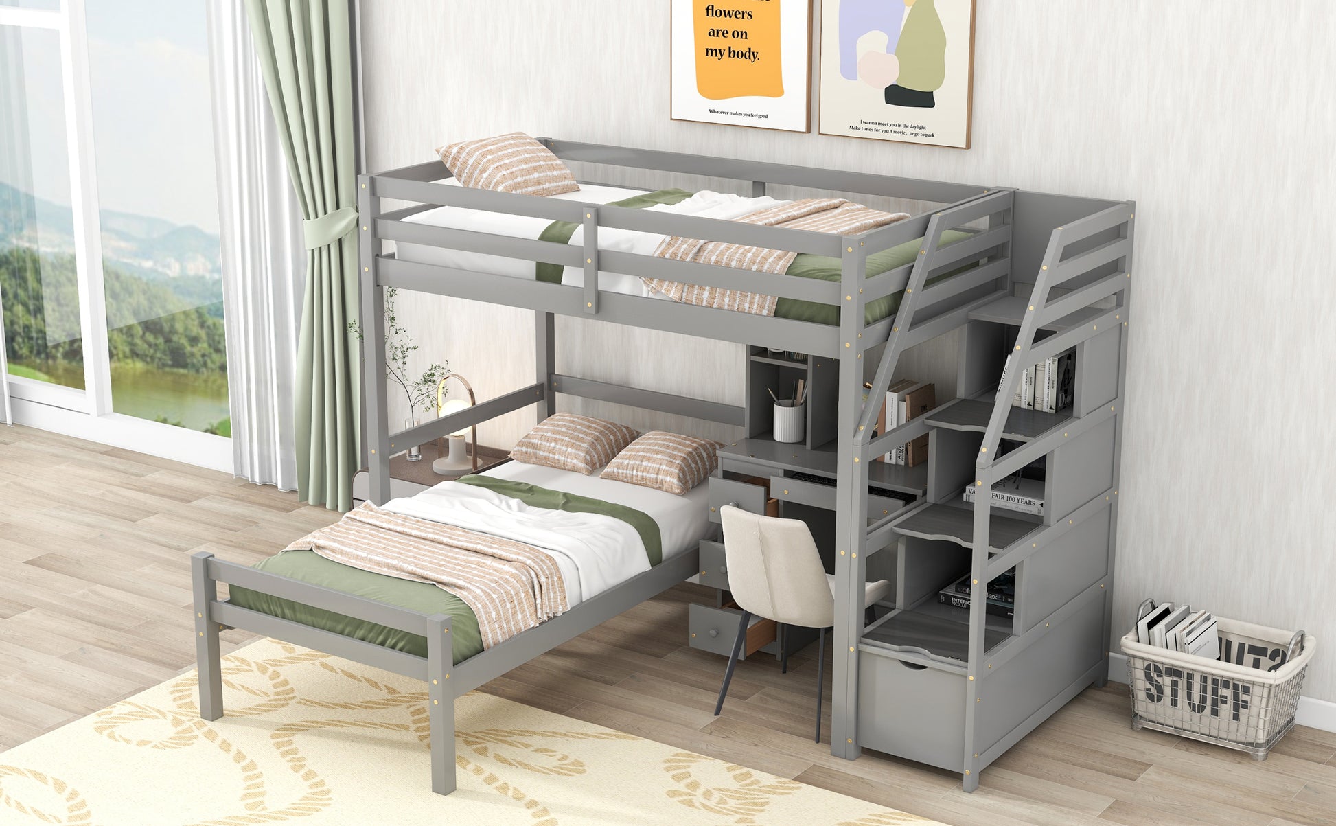 Twin Size Loft Bed With A Stand Alone Bed, Storage Staircase, Desk, Shelves And Drawers, Gray Gray Pine