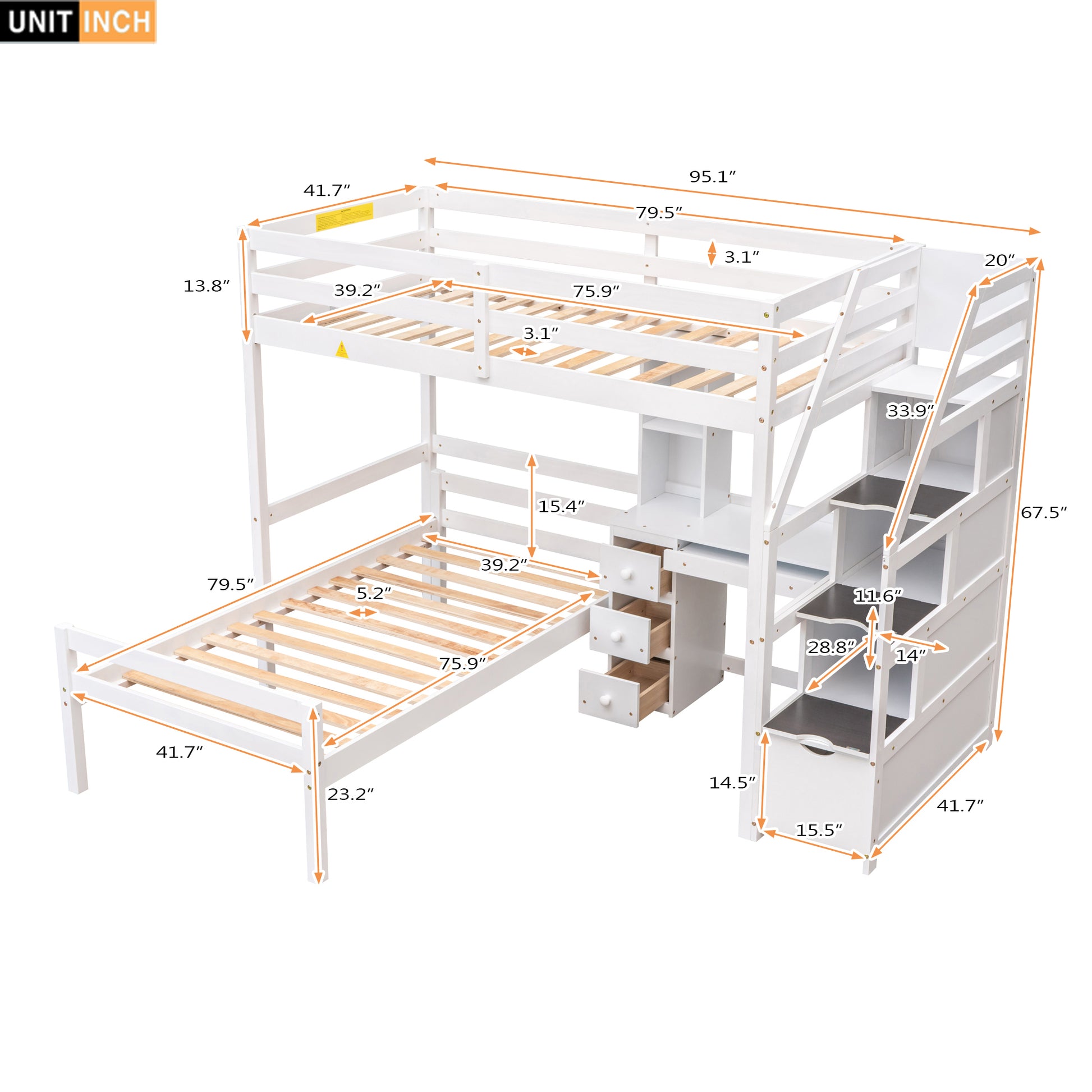 Twin Size Loft Bed With A Stand Alone Bed, Storage Staircase, Desk, Shelves And Drawers, White White Pine