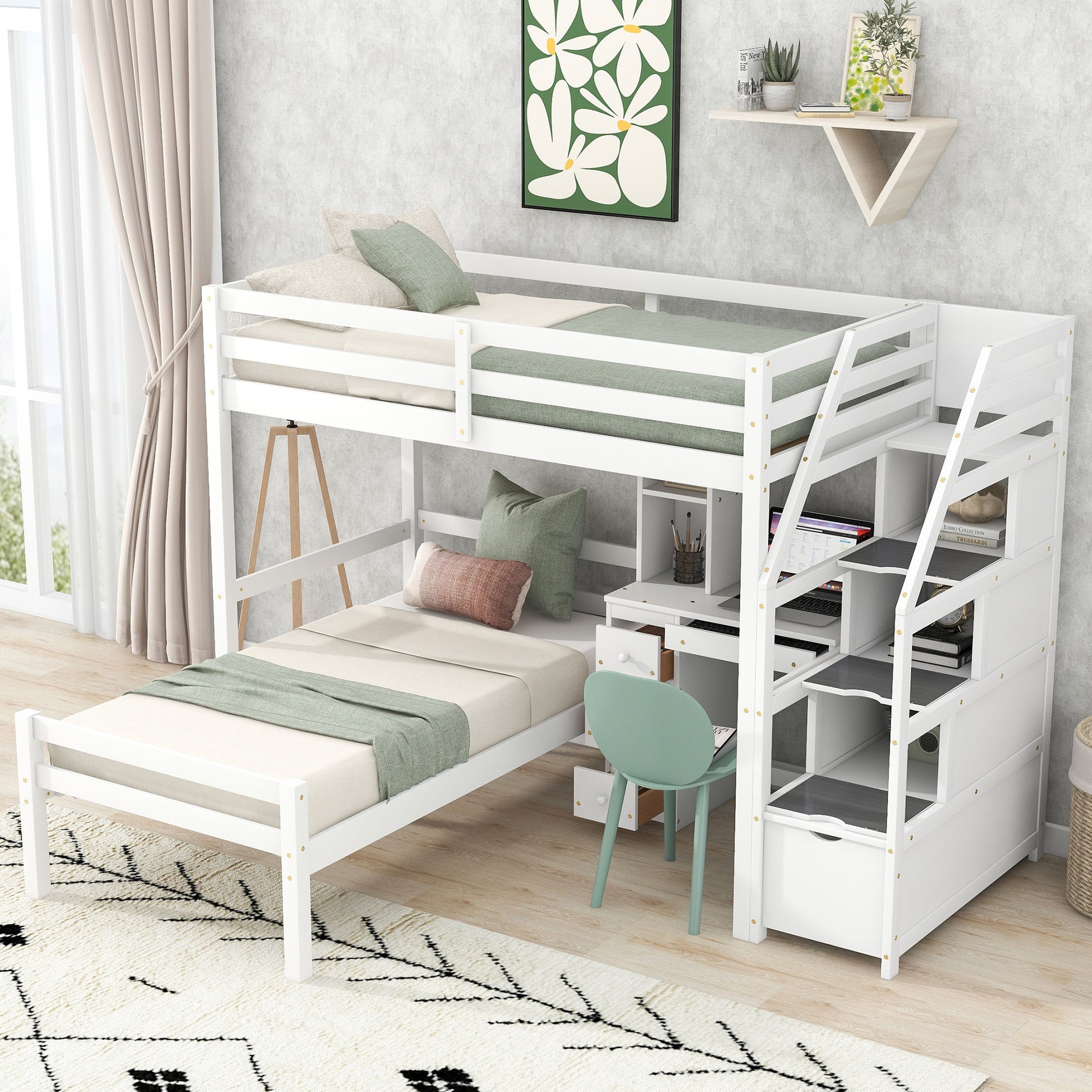 Twin Size Loft Bed With A Stand Alone Bed, Storage Staircase, Desk, Shelves And Drawers, White White Pine