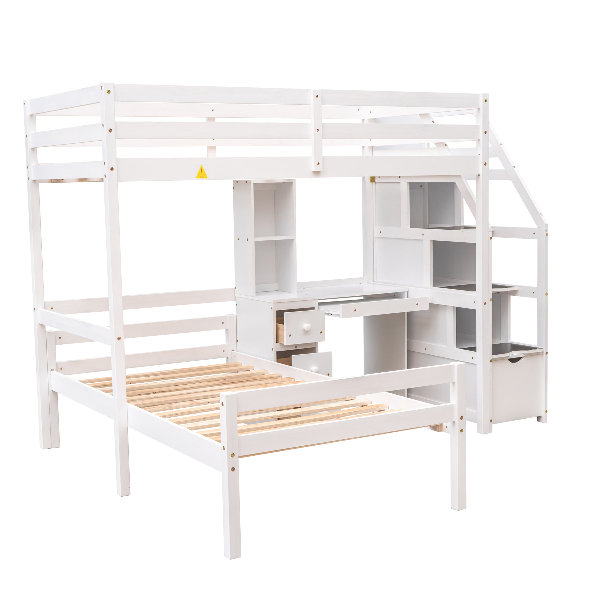 Twin Size Loft Bed With A Stand Alone Bed, Storage Staircase, Desk, Shelves And Drawers, White White Pine