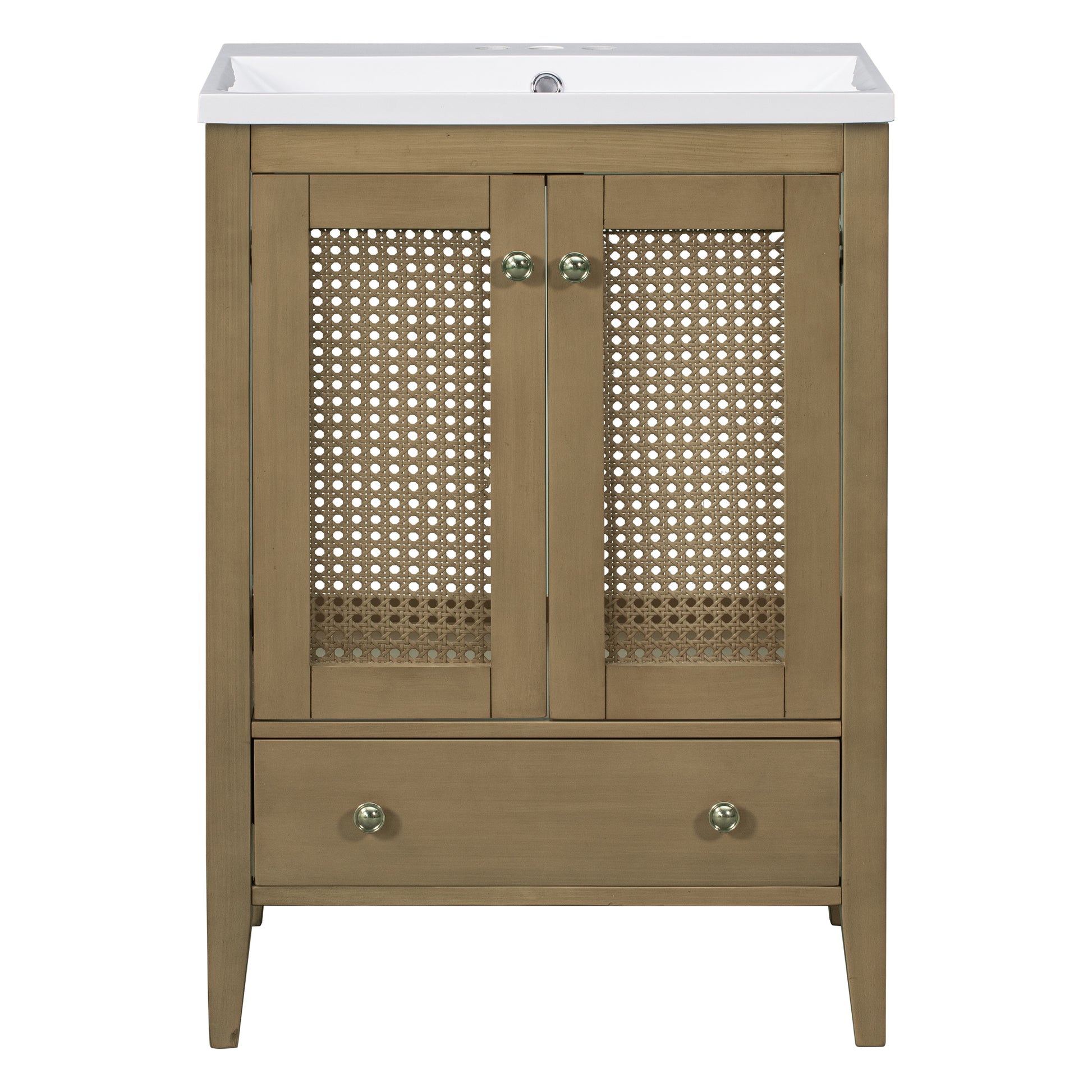 24" Bathroom Vanity With Ceramic Basin, Rattan Bathroom Storage Cabinet With Two Doors And Drawer, Solid Frame, Natural Old Sku: Jl000008Aad Natural Solid Wood Mdf