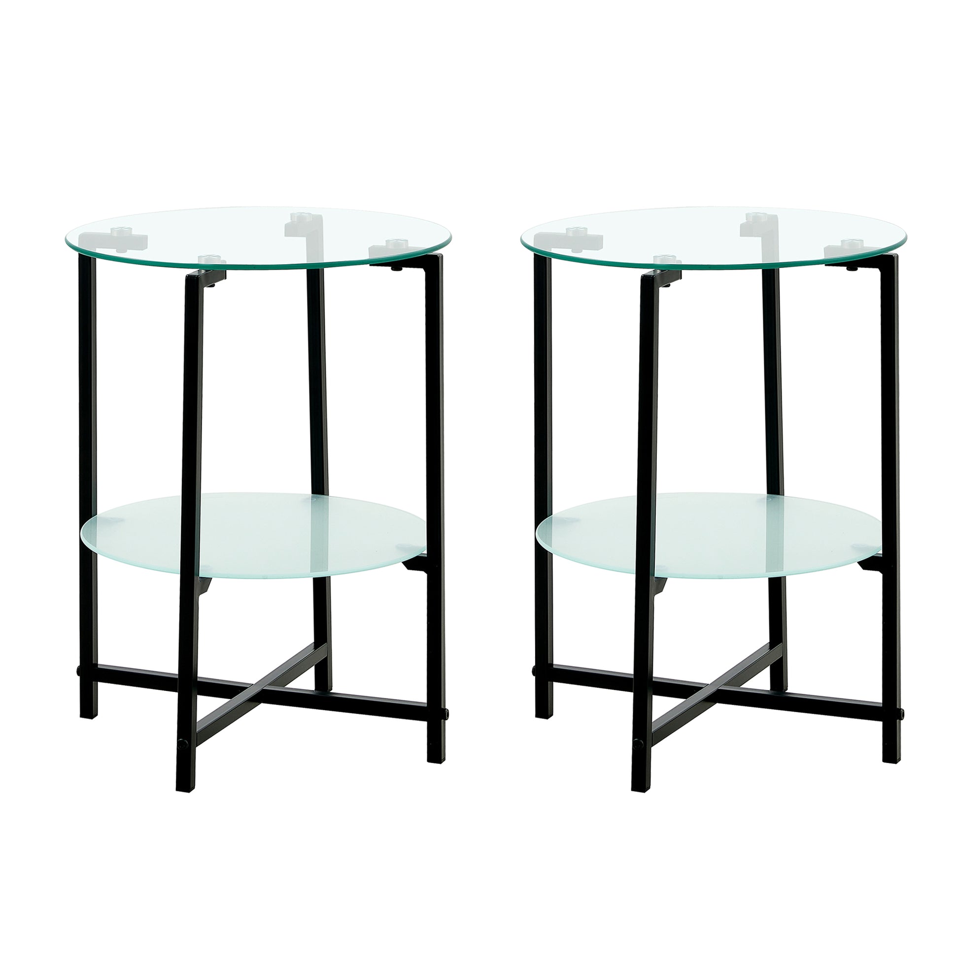 2 Piece Set Clear Tempered Glass End Table, Round Coffee Table For Bedroom Living Room Office Transparent Glass