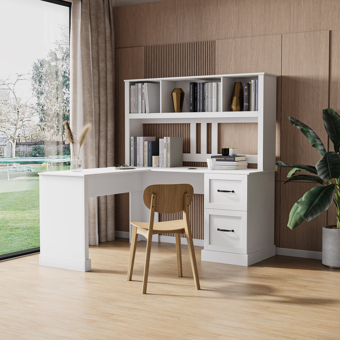 Home Office Computer Desk With Hutch, Antiqued White Finish White Mdf