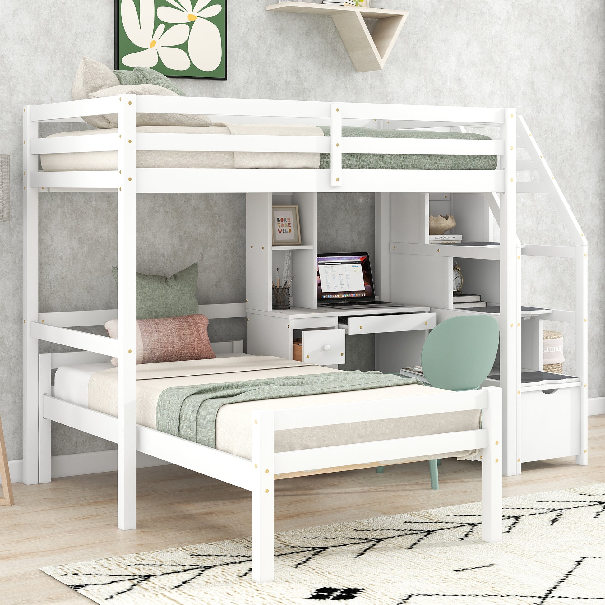 Twin Size Loft Bed With A Stand Alone Bed, Storage Staircase, Desk, Shelves And Drawers, White White Pine