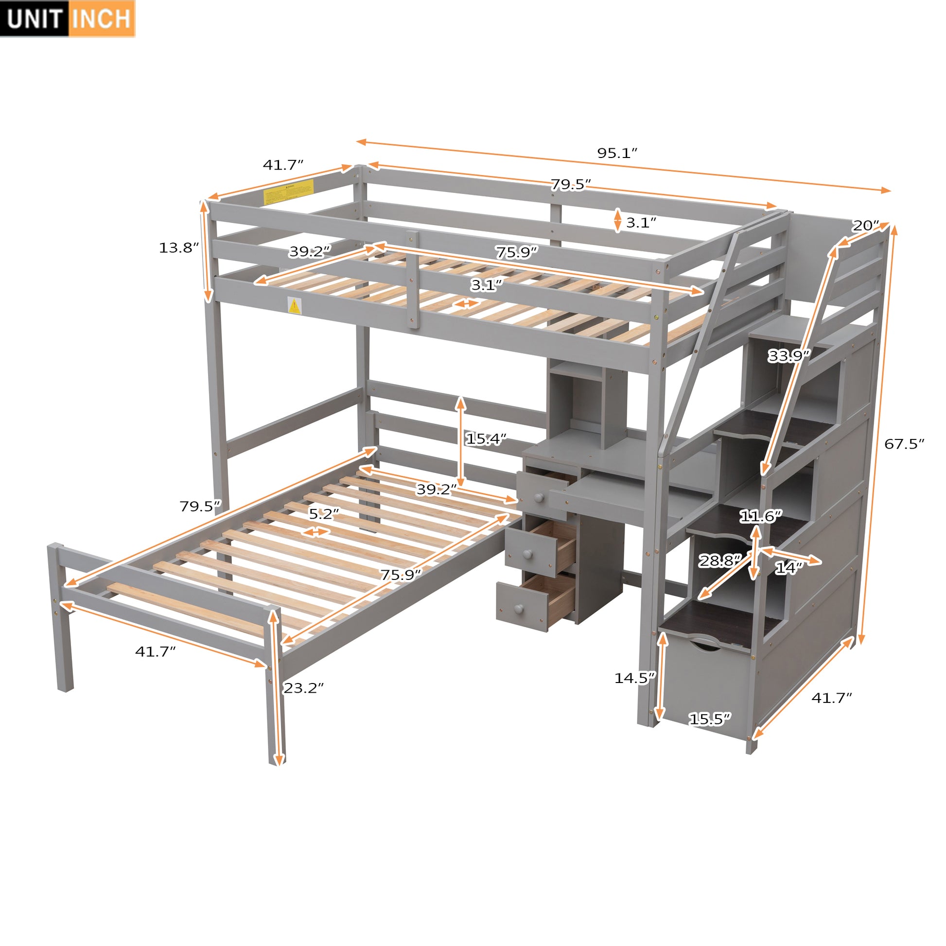 Twin Size Loft Bed With A Stand Alone Bed, Storage Staircase, Desk, Shelves And Drawers, Gray Gray Pine