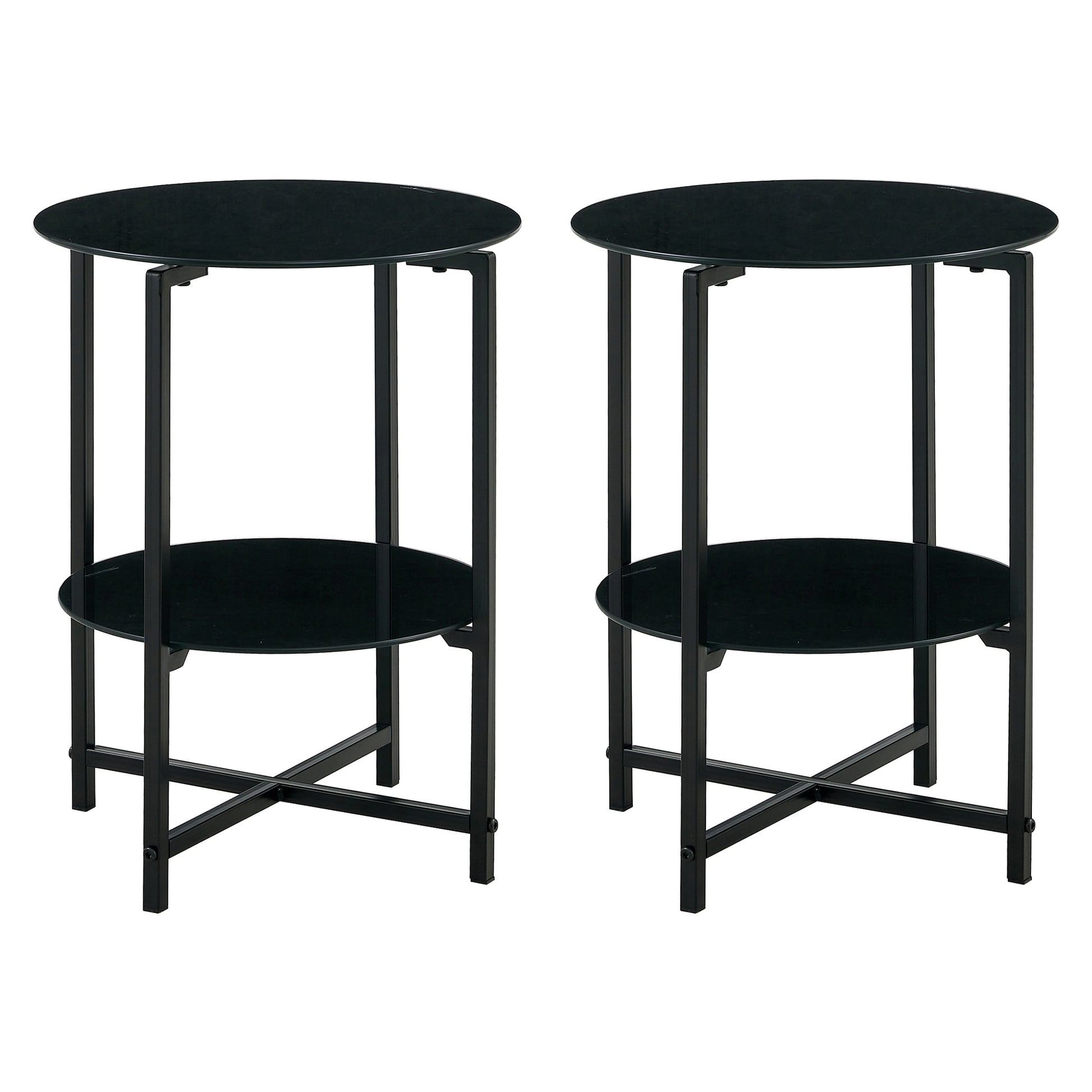 2 Piece Set Black Tempered Glass End Table, Round Coffee Table For Bedroom Living Room Office Black Glass