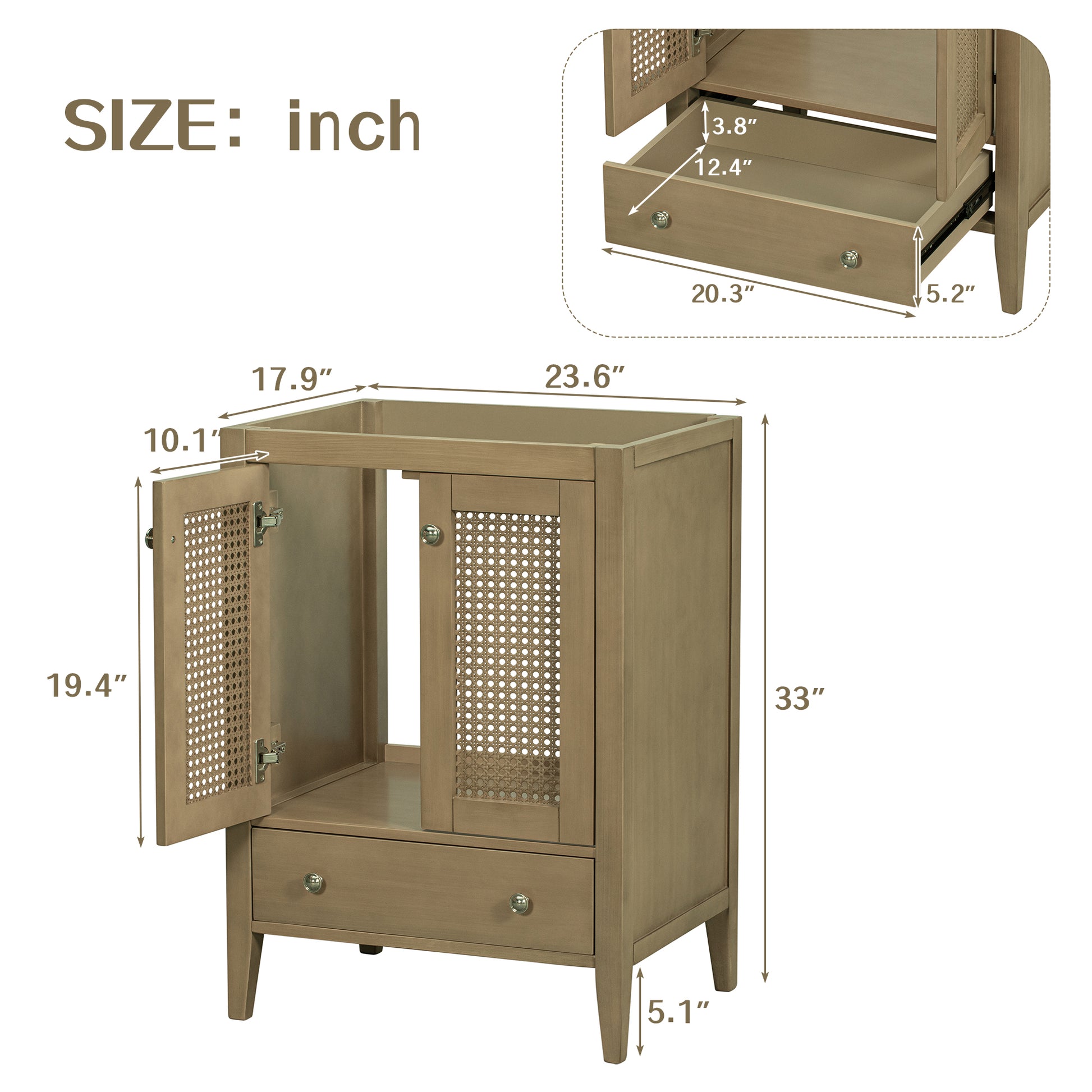 24" Bathroom Vanity Without Sink, Base Only, Rattan Cabinet With Doors And Drawer, Solid Frame And Mdf Board, Natural Natural Solid Wood Mdf