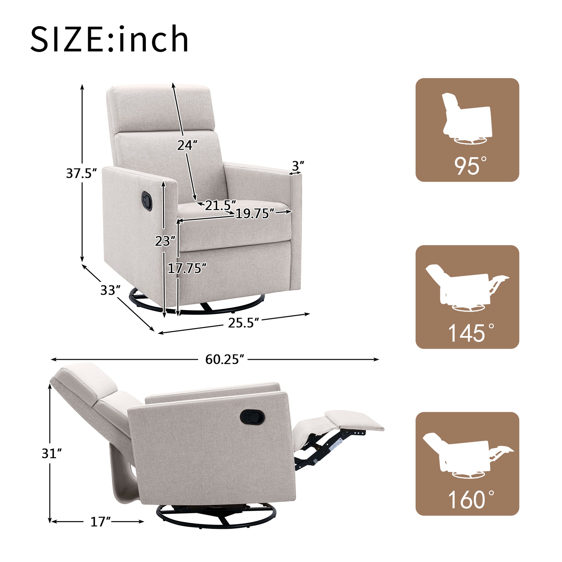 Modern Upholstered Rocker Nursery Chair Plush Seating Glider Swivel Recliner Chair, Tan Tan Linen