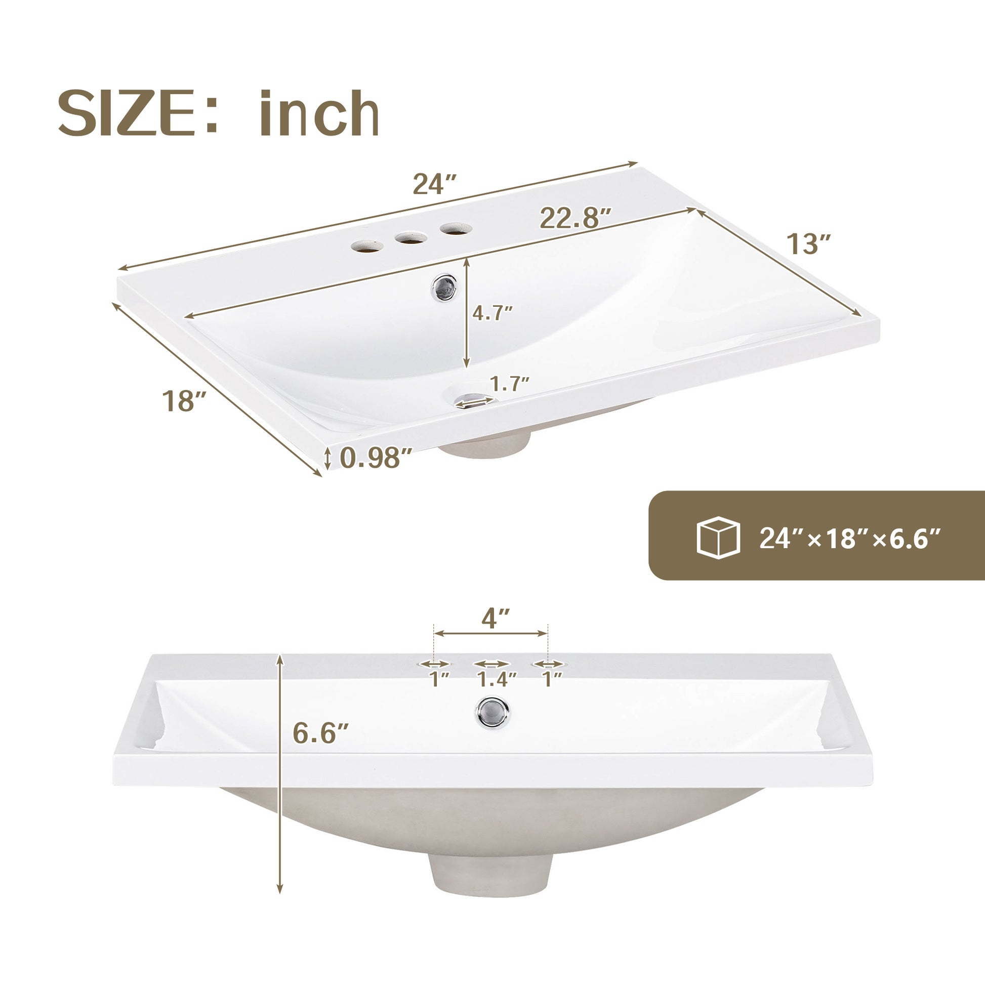 24" Bathroom Vanity Top Only, White Basin, 3 Faucet Holes, 4" Faucet Available, Ceramic White Ceramic